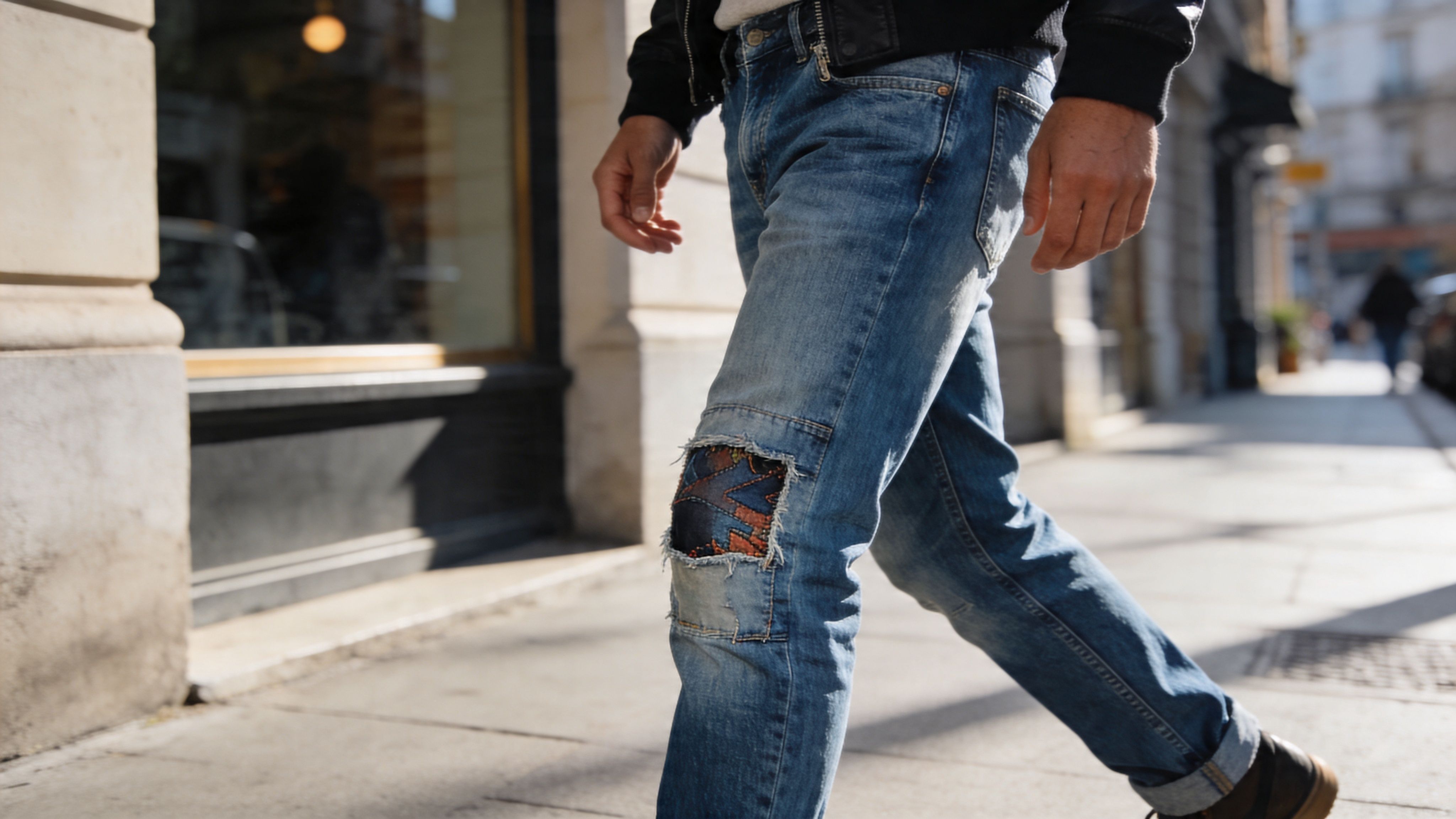 A person walking on a city sidewalk wearing blue denim jeans with a decorative patch on the knee.
