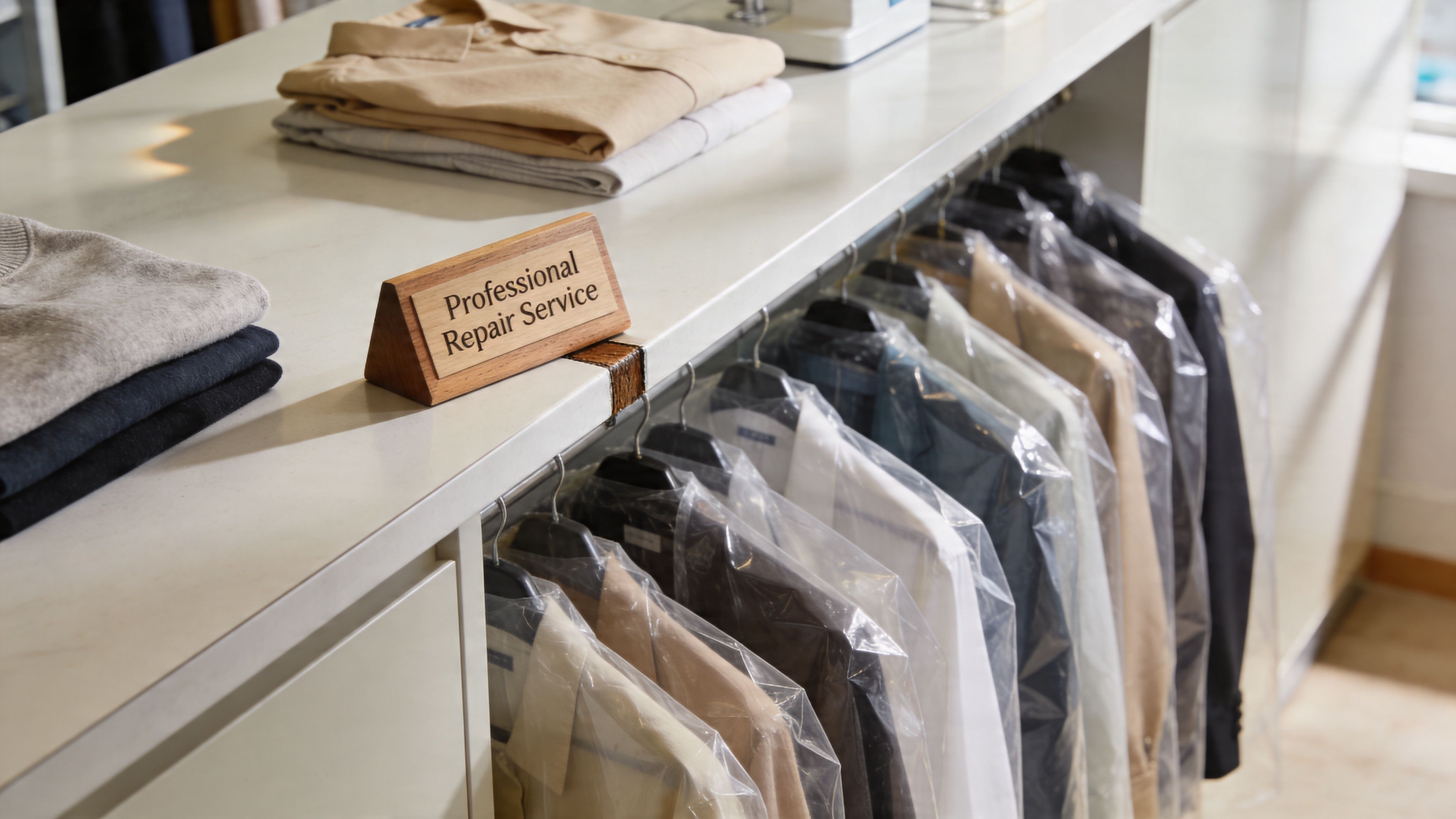 A professional repair service sign sits on a counter with neatly folded and hanging garments nearby.