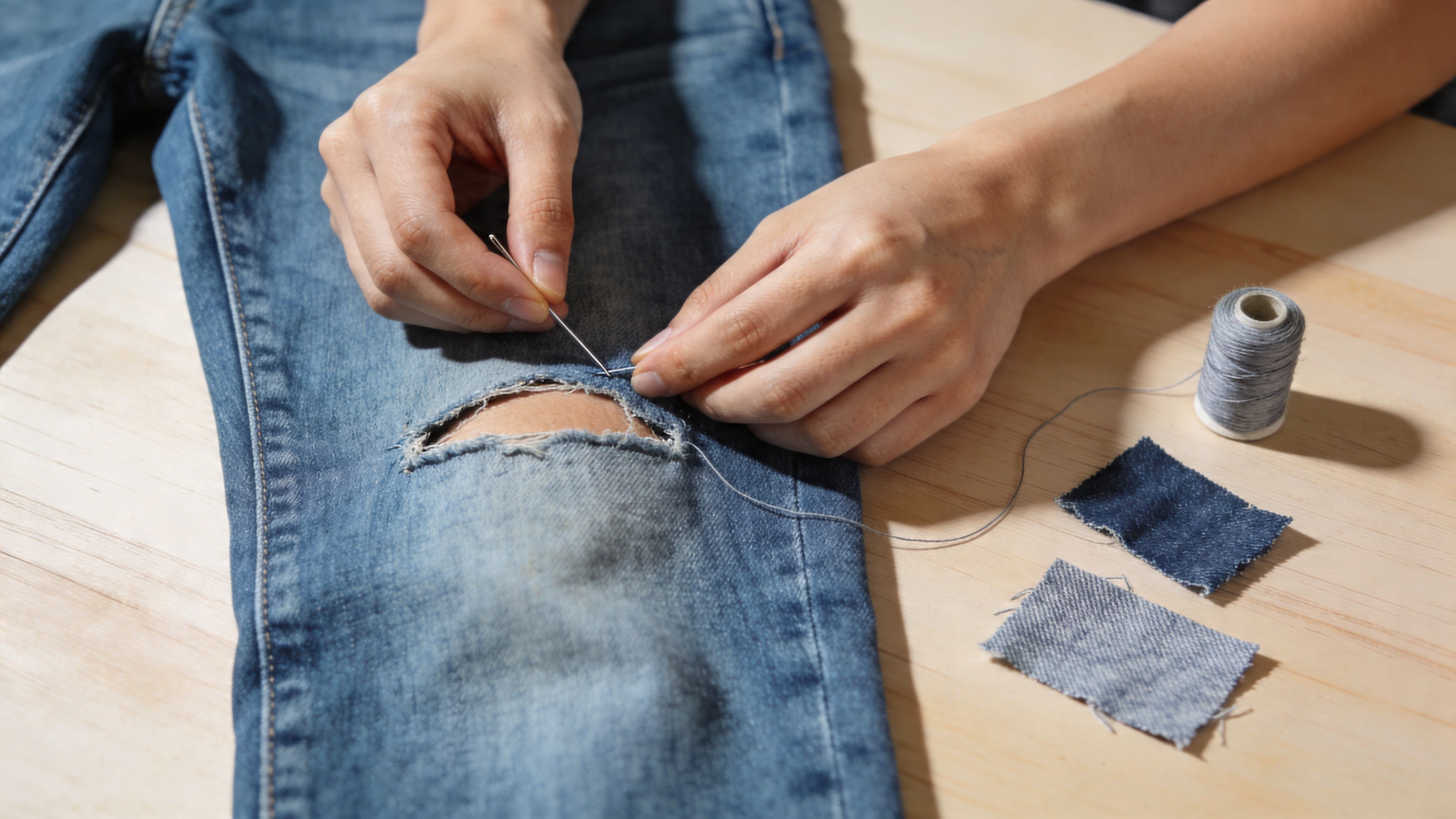 A person using a needle and thread to repair a rip in blue denim jeans.