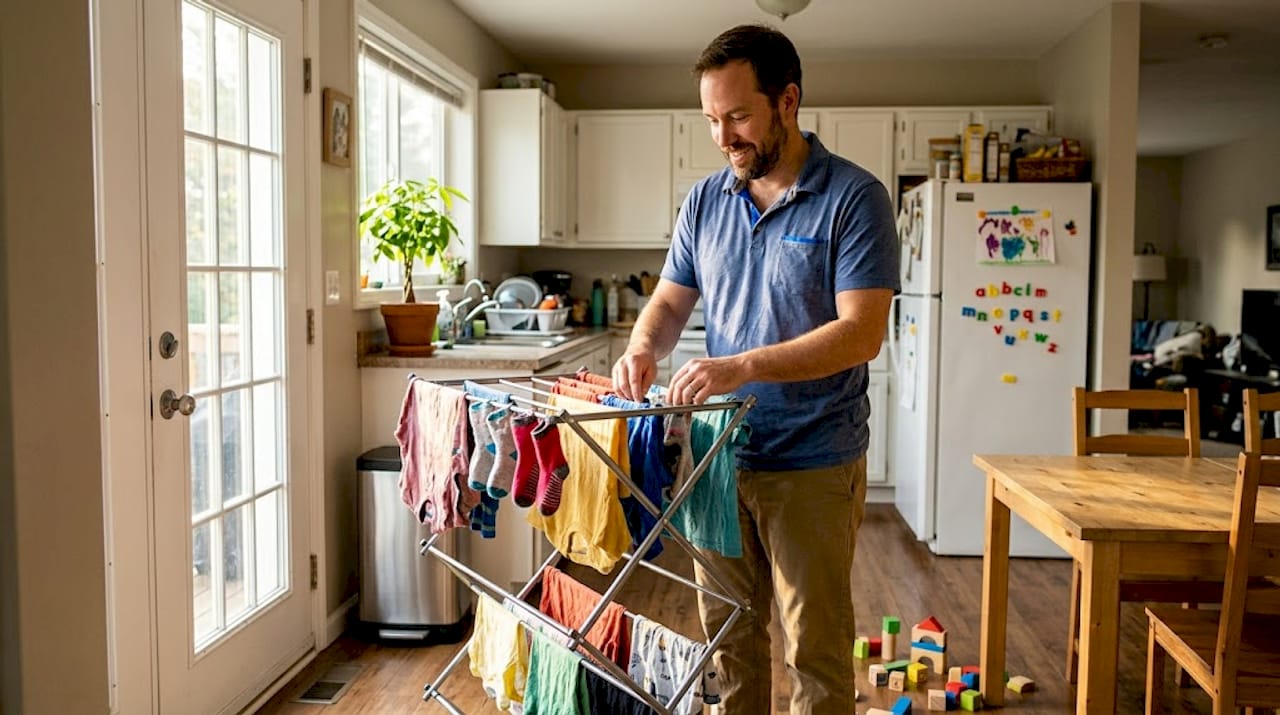 Air drying children's clothes in kitchen corner