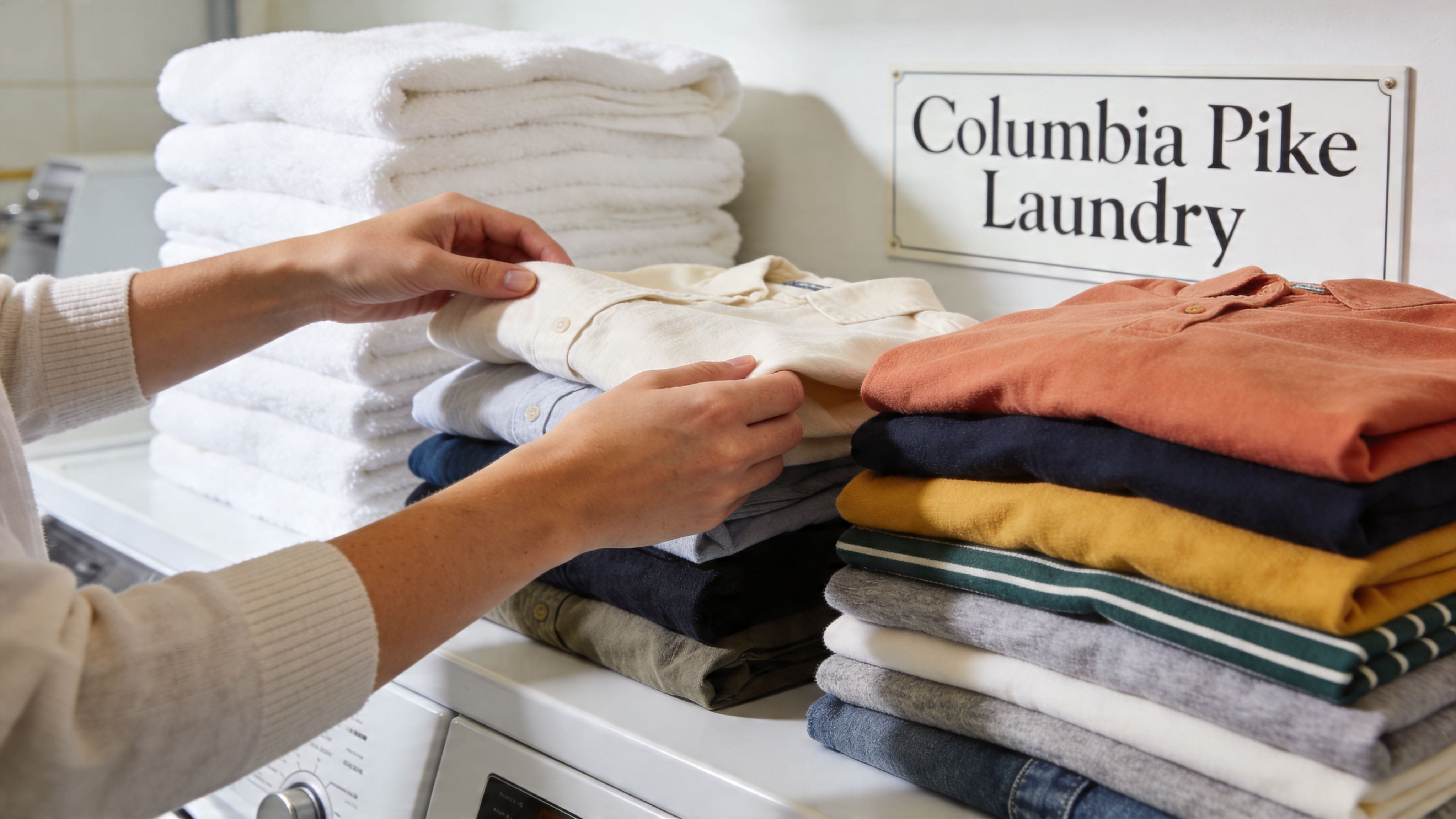 A person folds clean clothes and stacks them on a dryer next to a Columbia Pike Laundry sign.