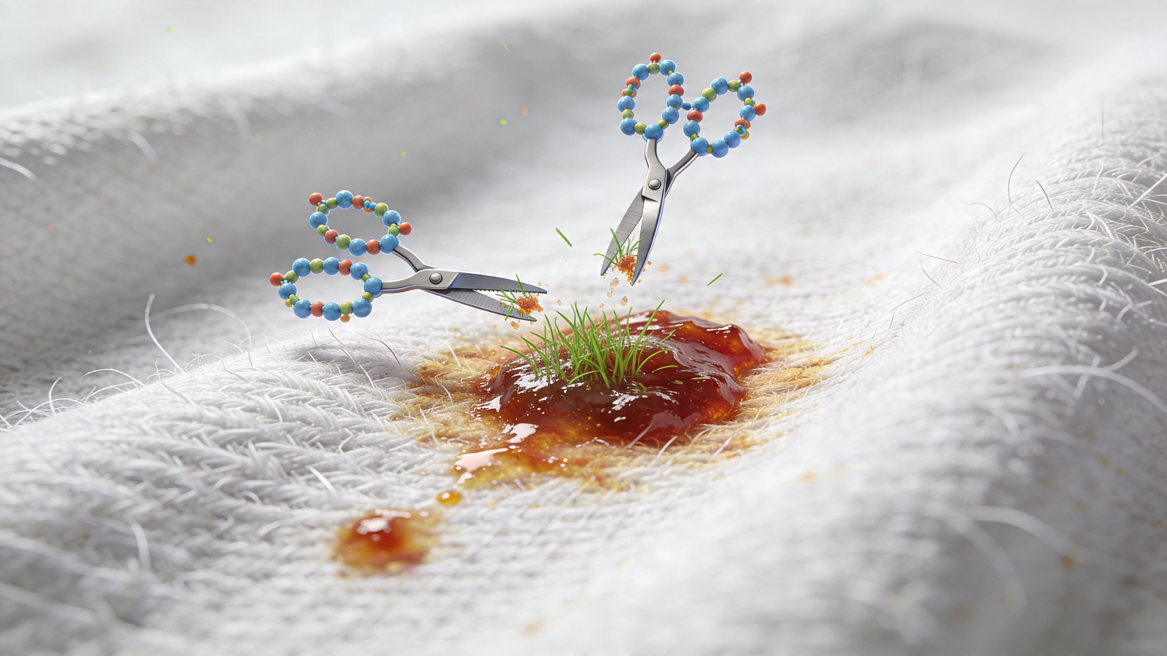 Enzyme molecules in the shape of scissors cleaning a stubborn grass stain from white fabric.