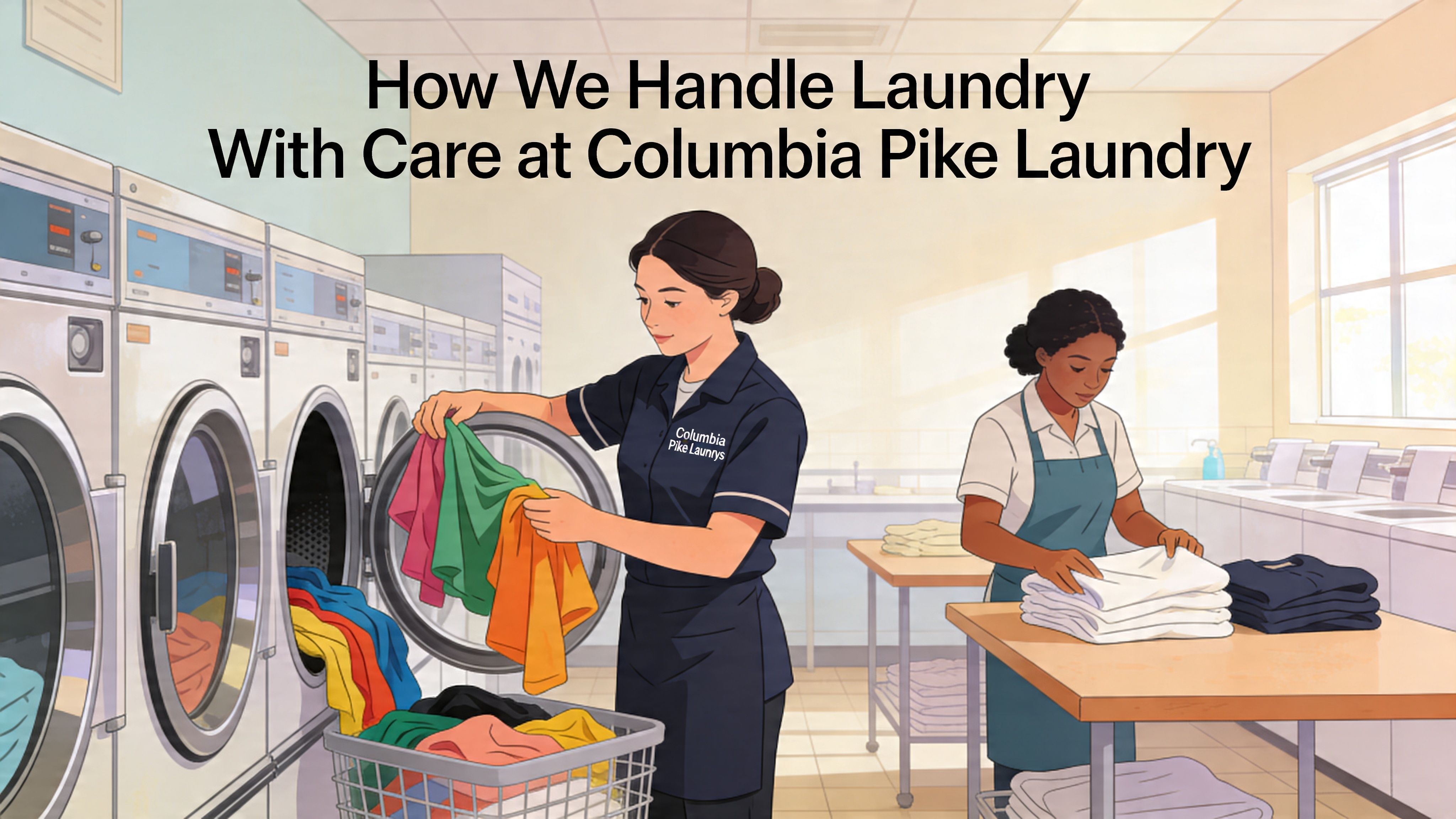 Two employees in a professional laundry facility carefully handling and folding clothes near industrial dryers.
