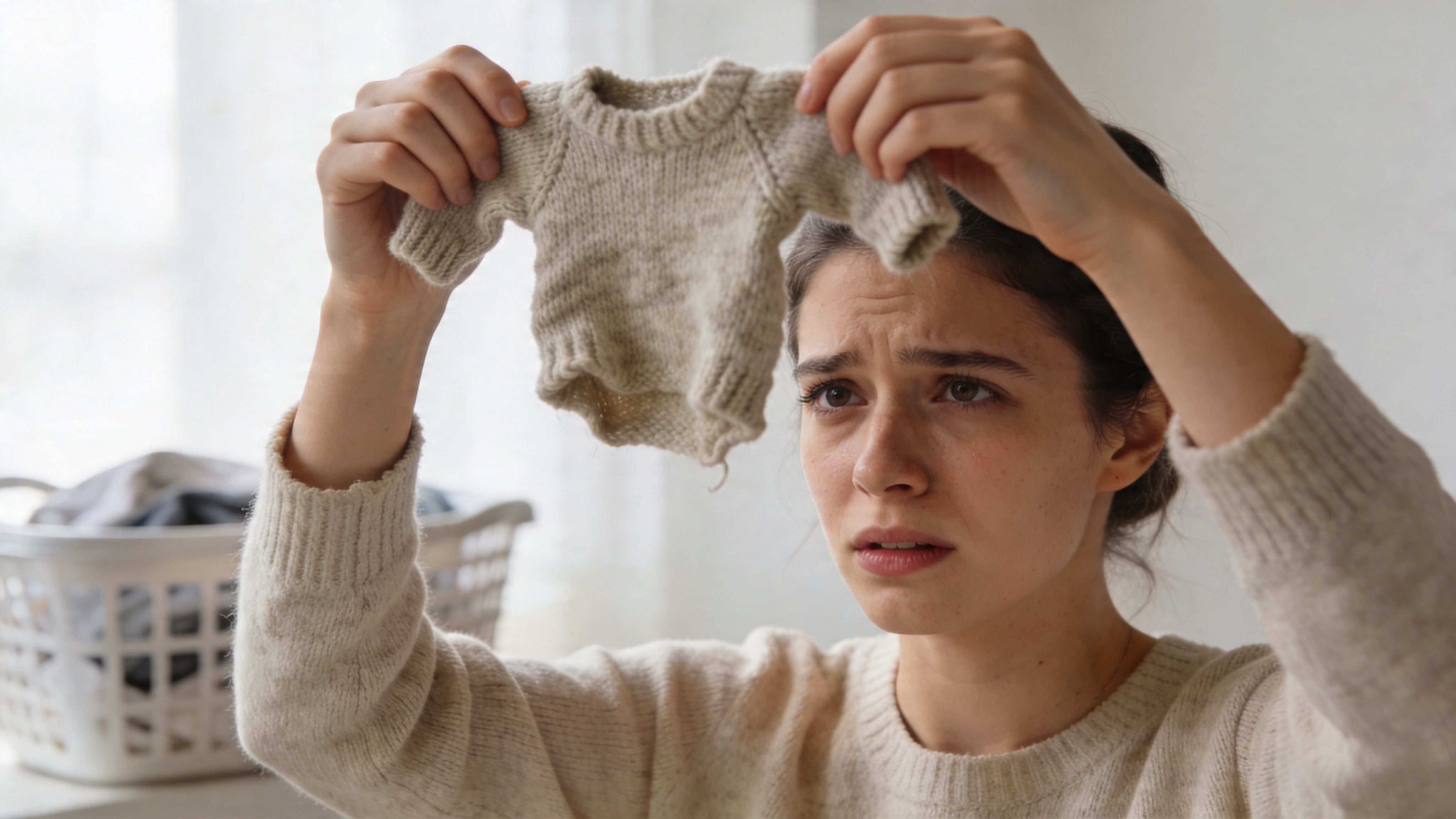A distressed woman holding a tiny, shrunken beige knitted sweater after a laundry mishap at home.