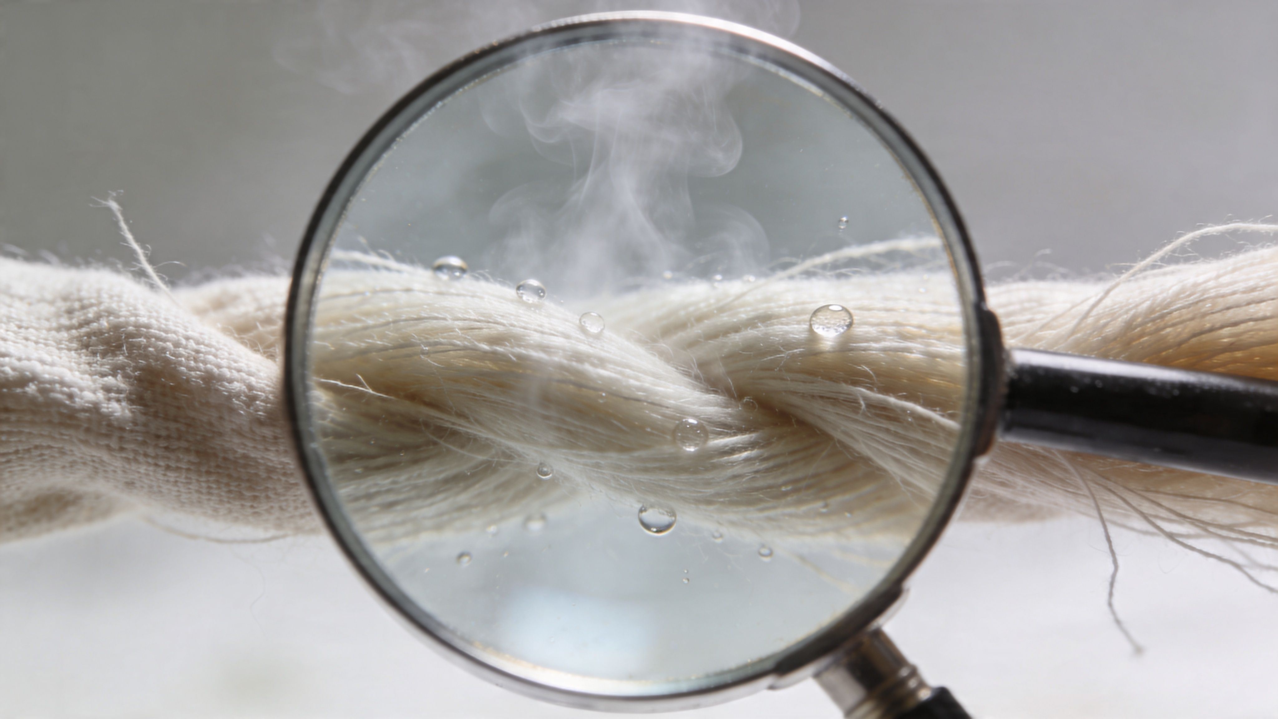 A magnifying glass focusing on damp, steaming fabric threads, illustrating the process of how clothes shrink.