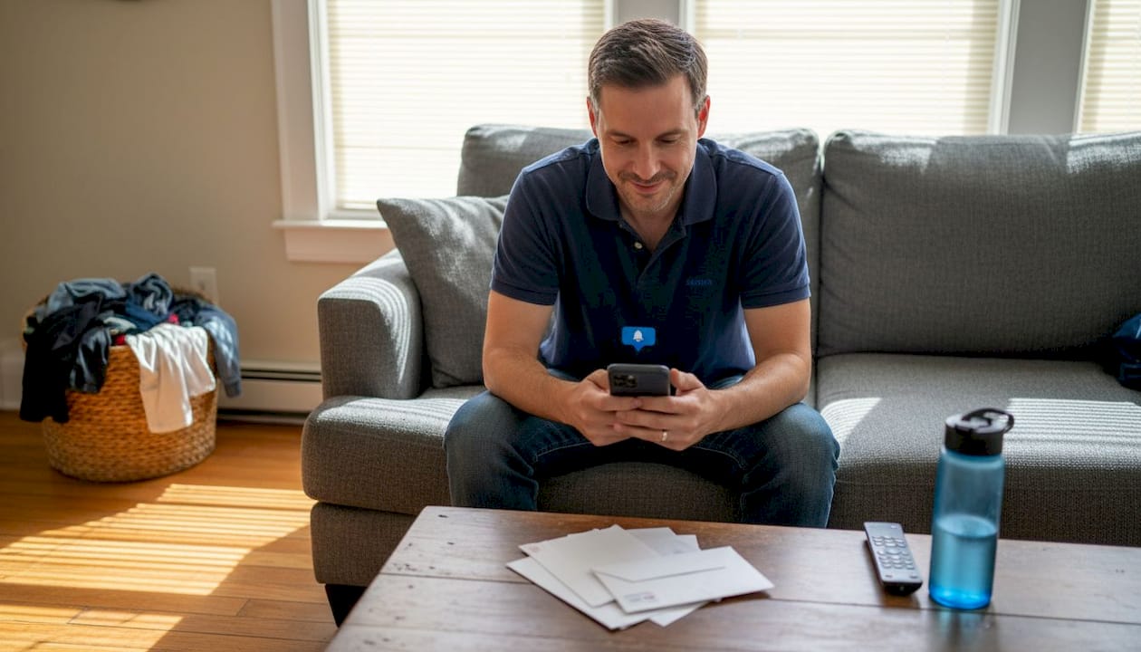 Man checks laundry app in Arlington living room