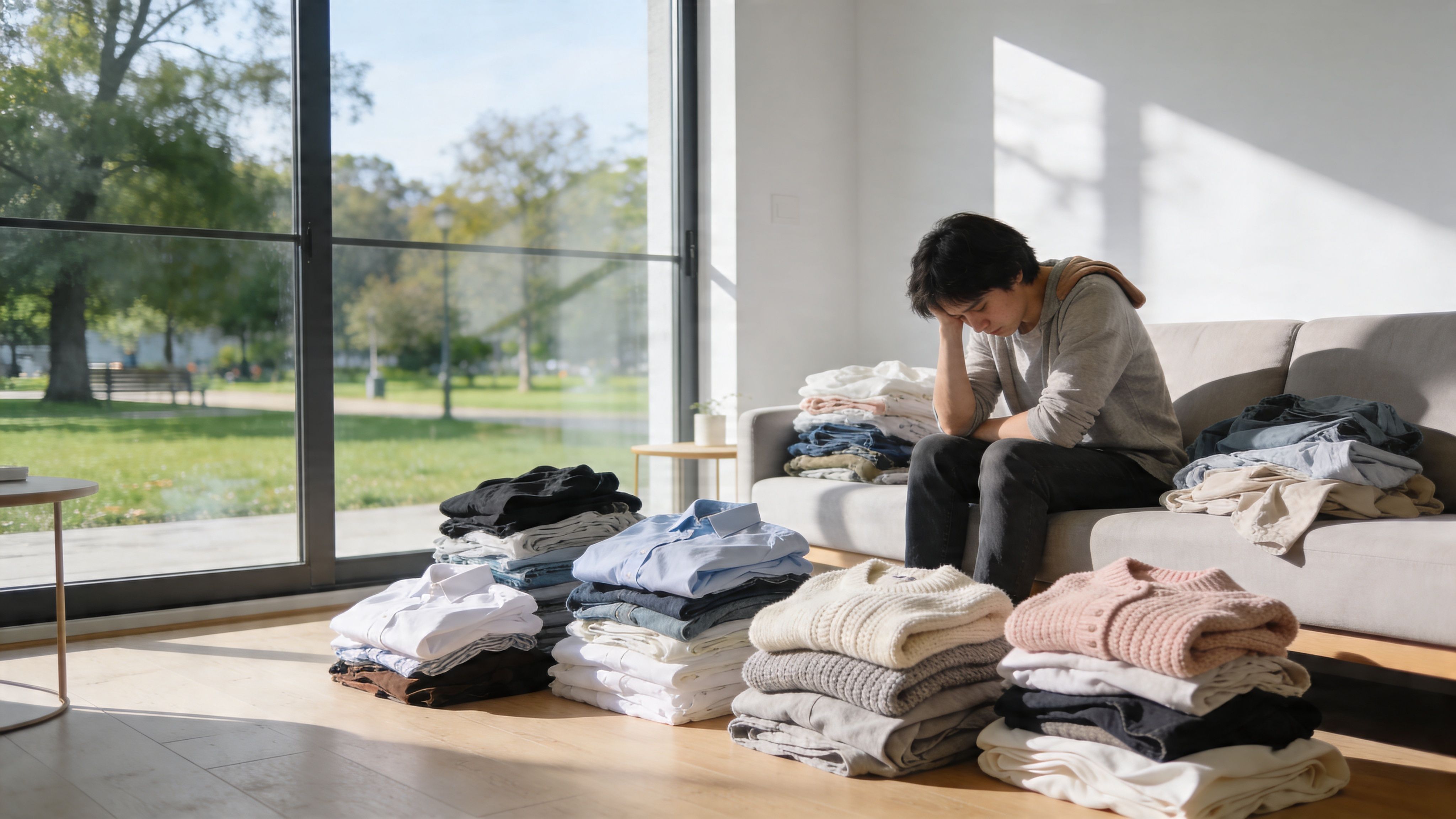 A tired young man sits on a sofa next to piles of neatly folded laundry inside a room.
