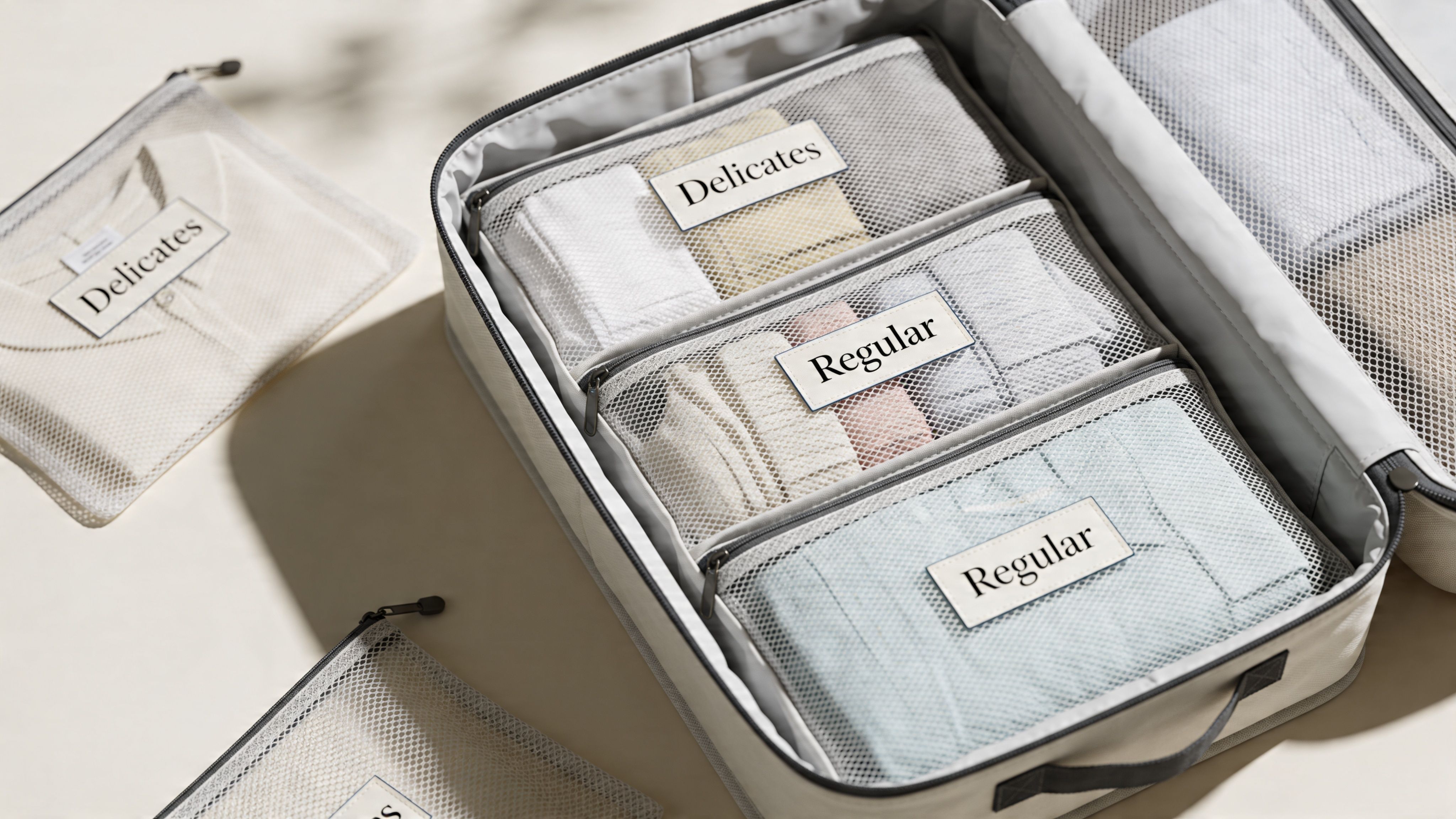 An open suitcase and separate mesh pouches organized with labels for laundry and delicates on a table.