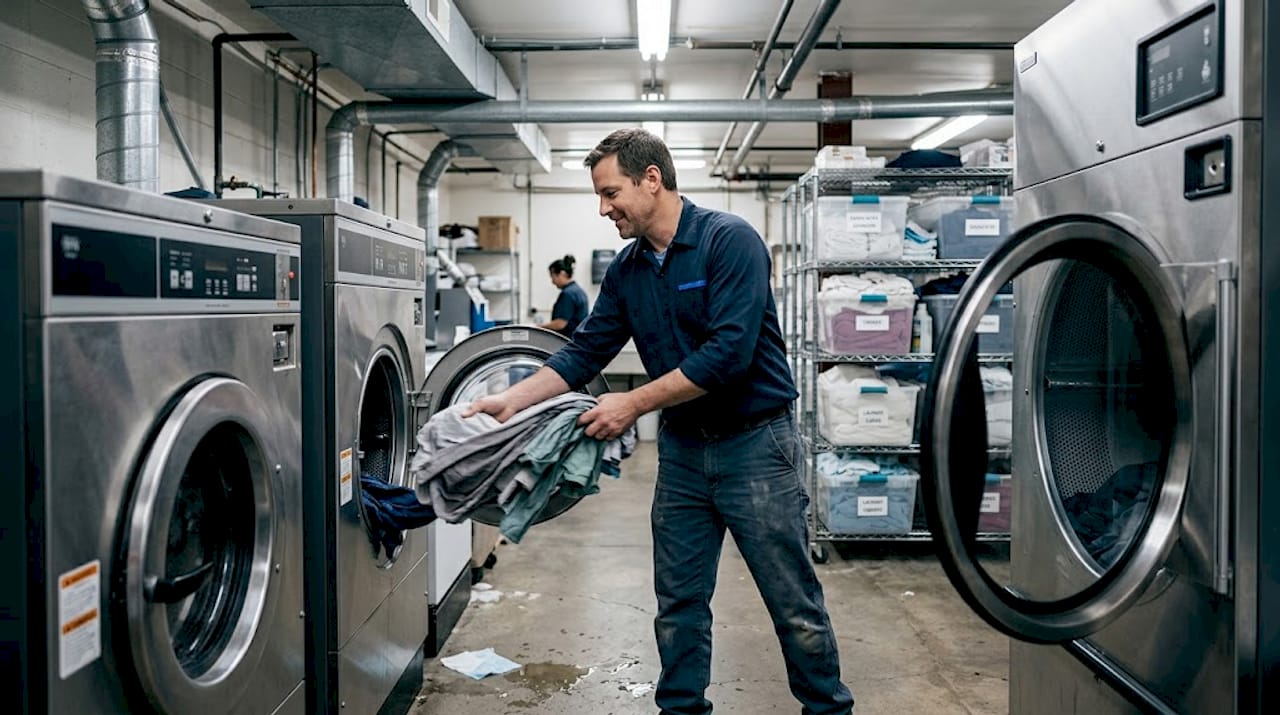 Technician loading clothes in commercial laundry facility