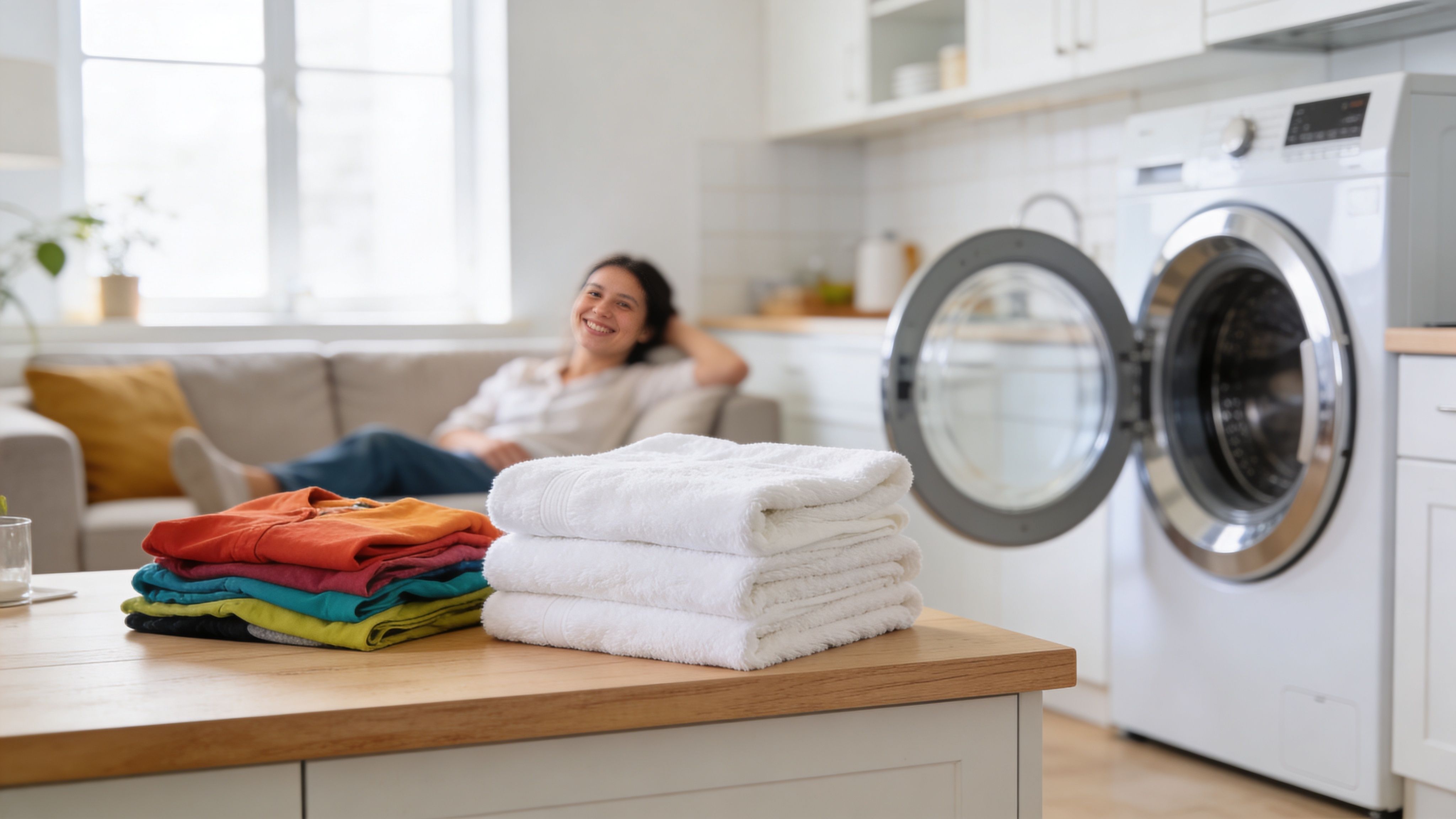A woman relaxes on a sofa while a stack of clean folded laundry rests on a table.