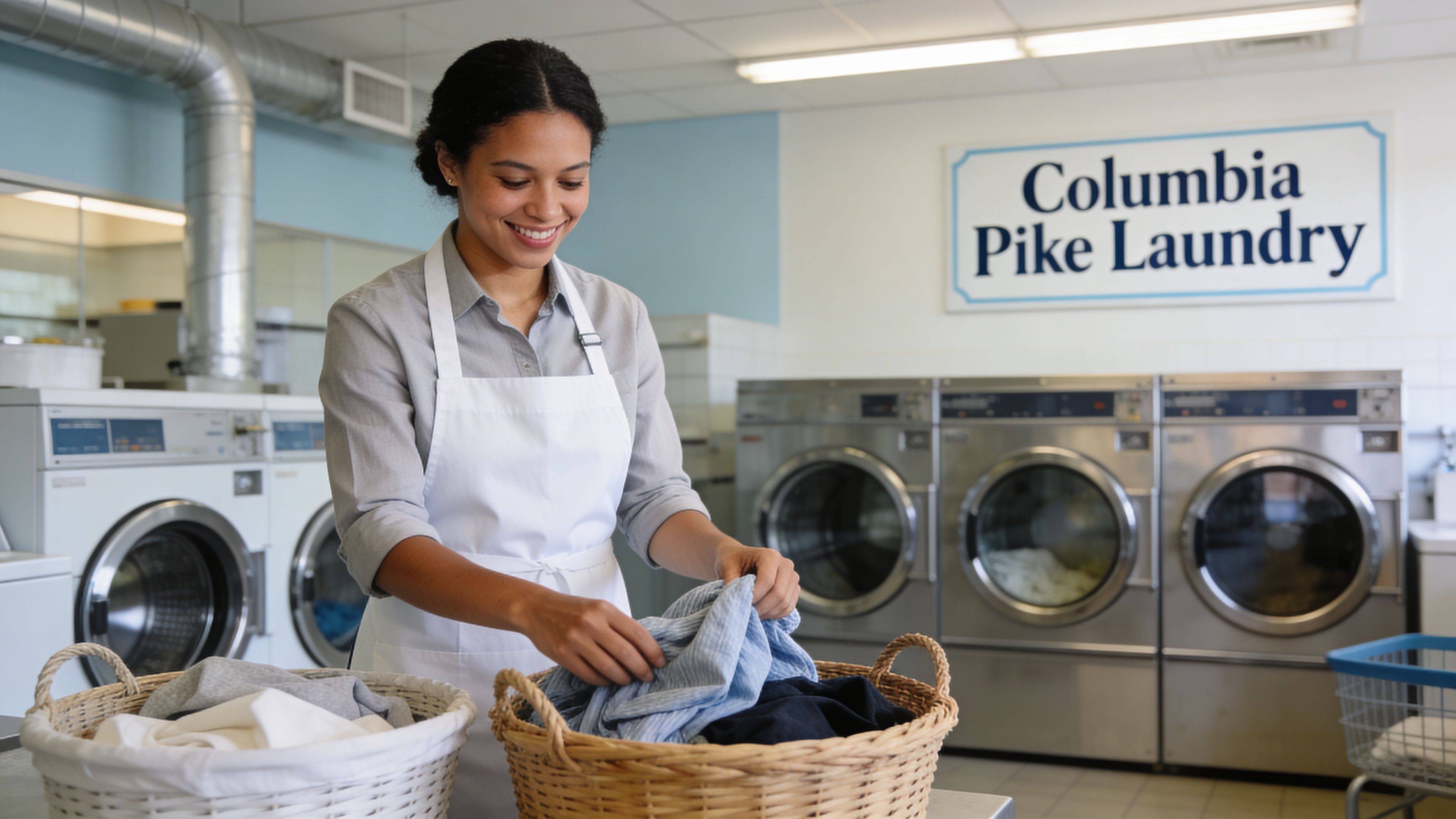A friendly woman wearing an apron folds laundry at a professional Columbia Pike Laundry service facility.