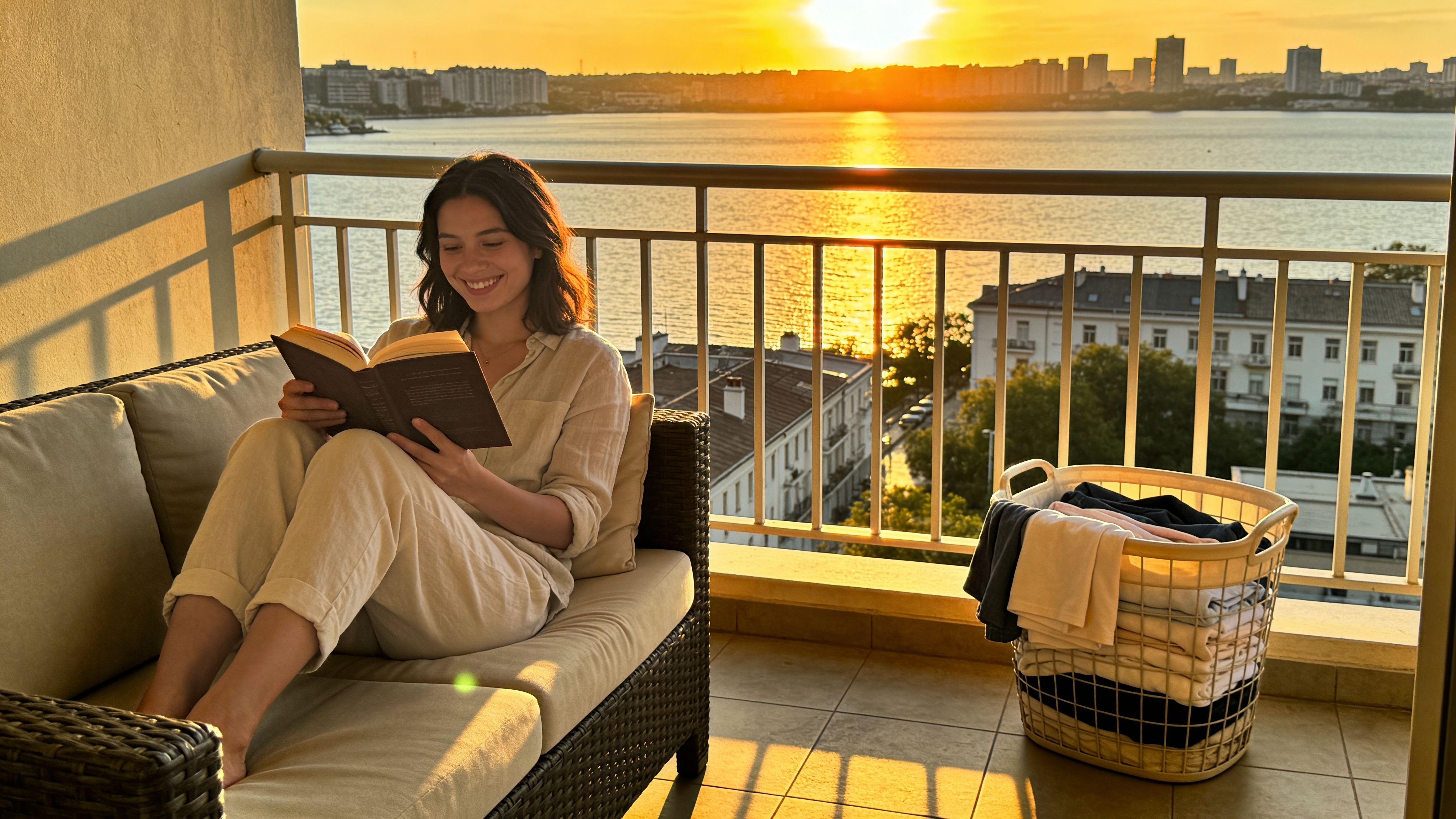 A happy woman reading a book on a balcony while next to a basket of folded laundry.