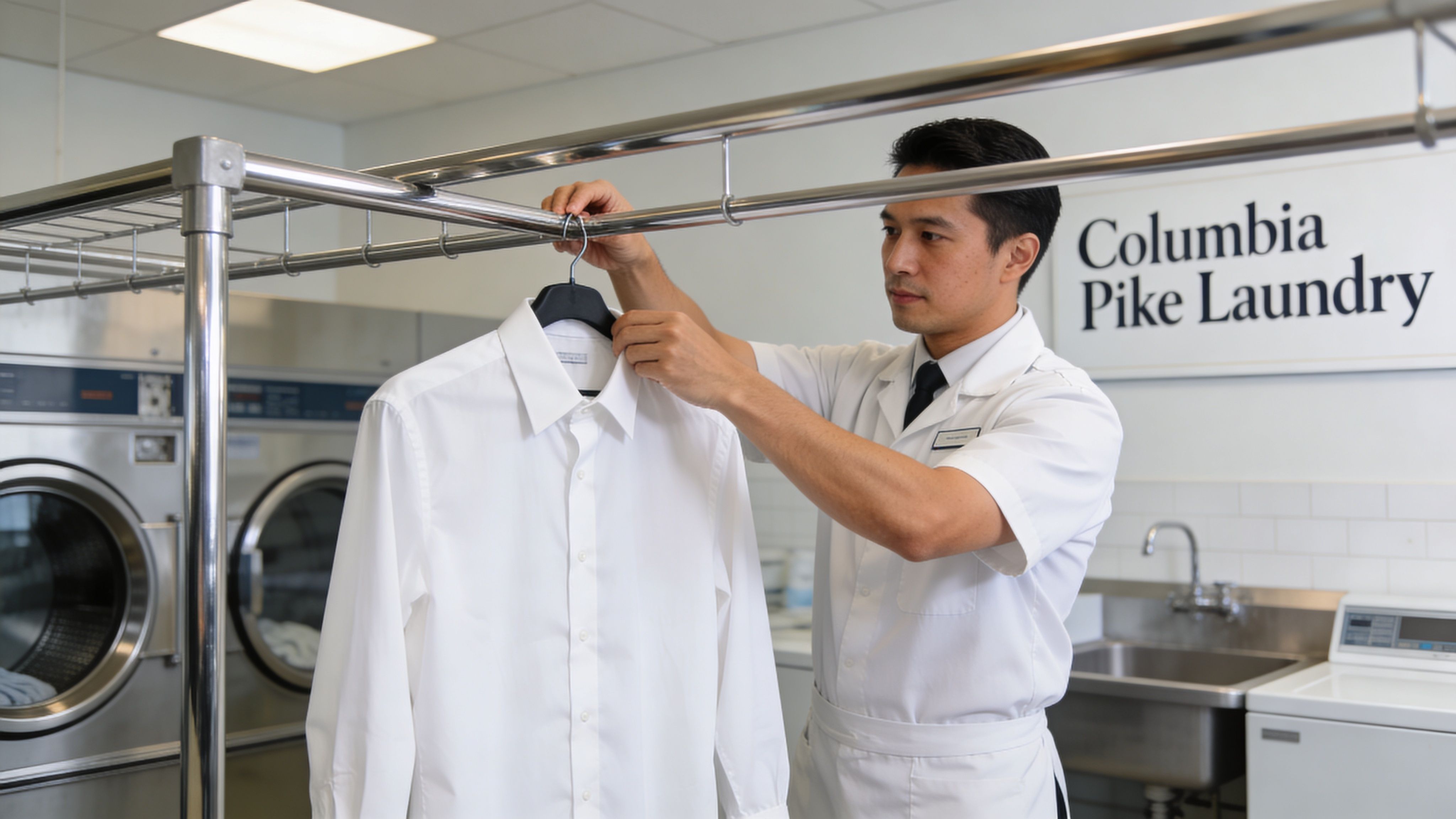 A professional laundry employee hanging a crisp white dress shirt on a rack at Columbia Pike Laundry.
