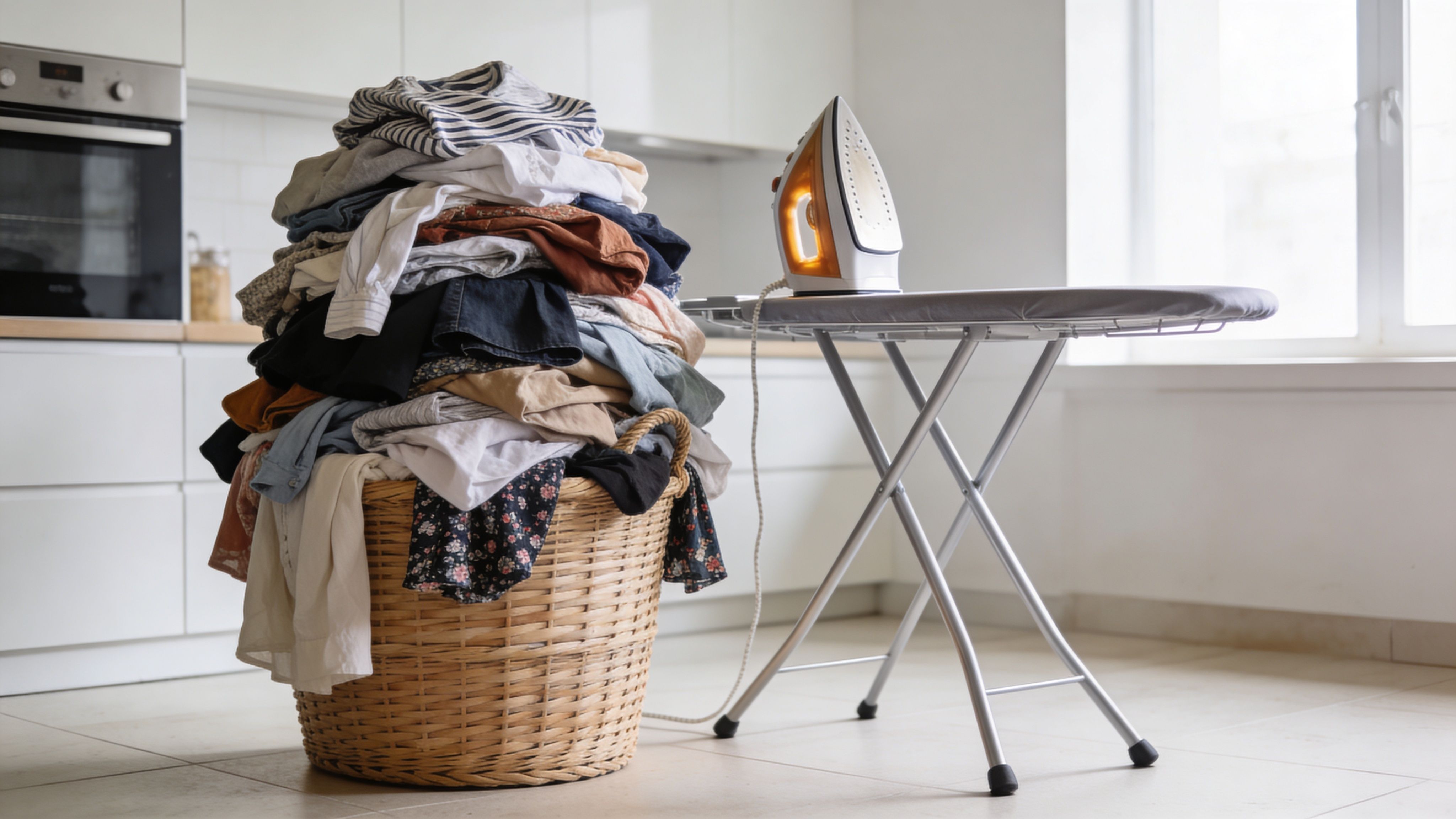 A large wicker basket full of laundry sits next to an ironing board with a warm electric iron.