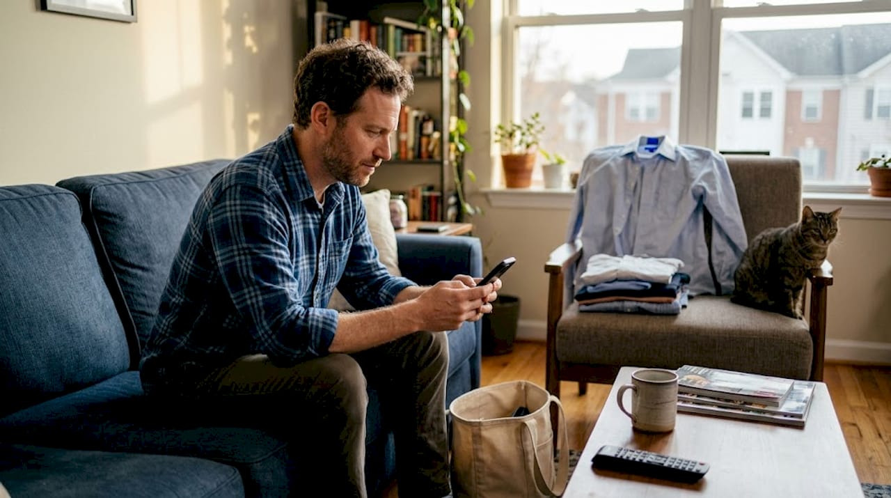 Man checking laundry delivery status at home