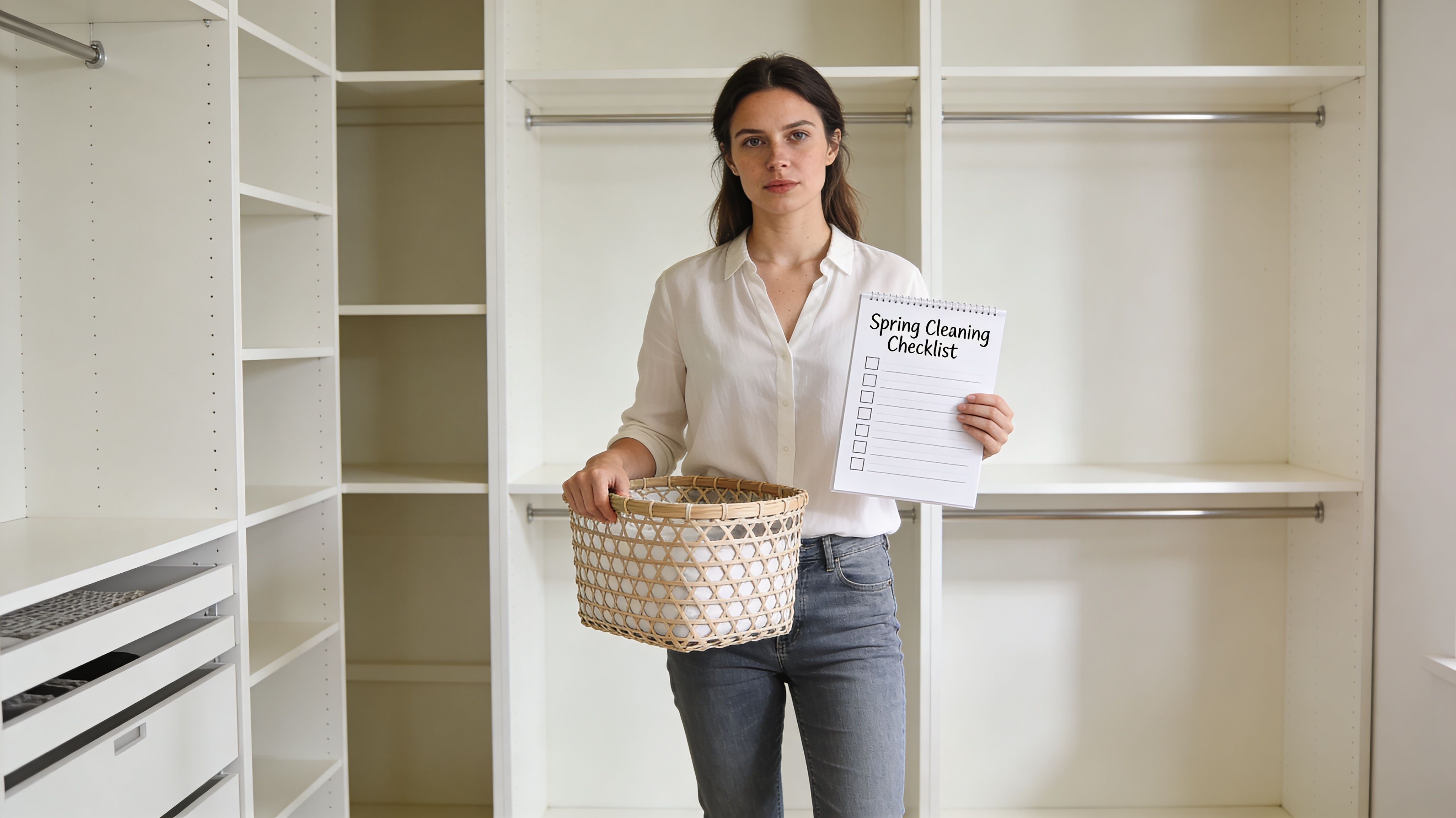 A young woman holding a laundry basket and a spring cleaning checklist inside an empty closet.