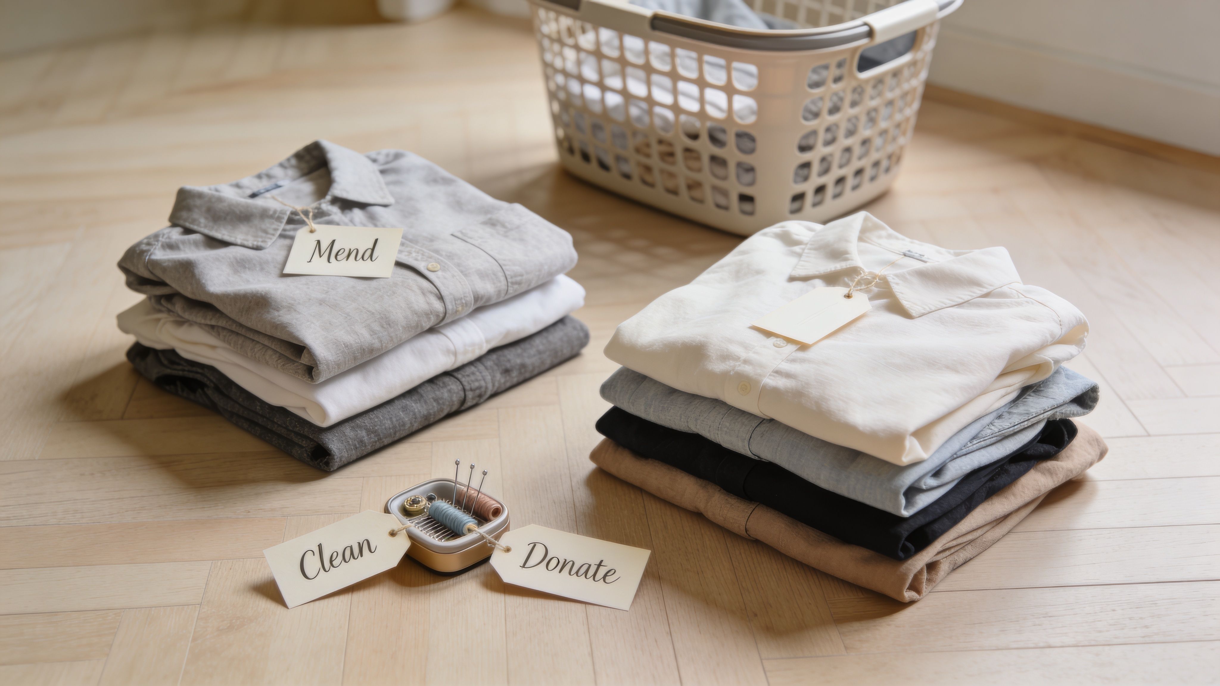 A pile of clothes on a floor categorized with tags labeled Mend, Clean, and Donate.