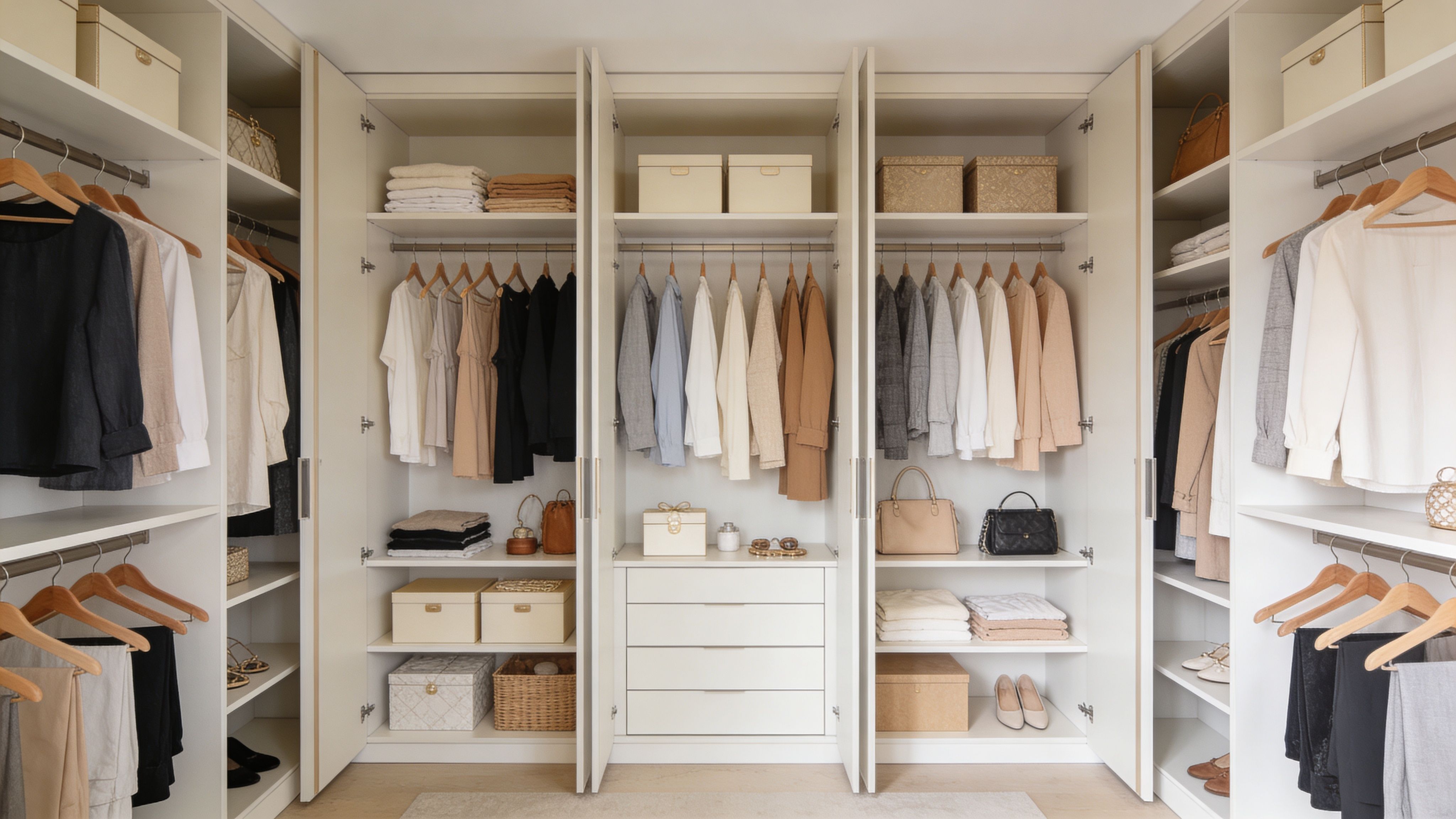 A neatly organized walk-in closet featuring hanging clothes, folded garments, and storage boxes on wooden shelves.