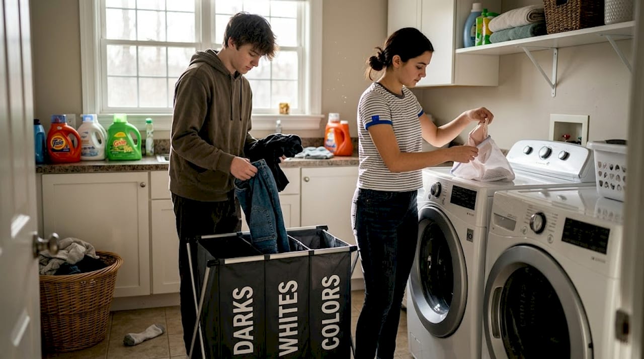 Teens sorting clothes in laundry room