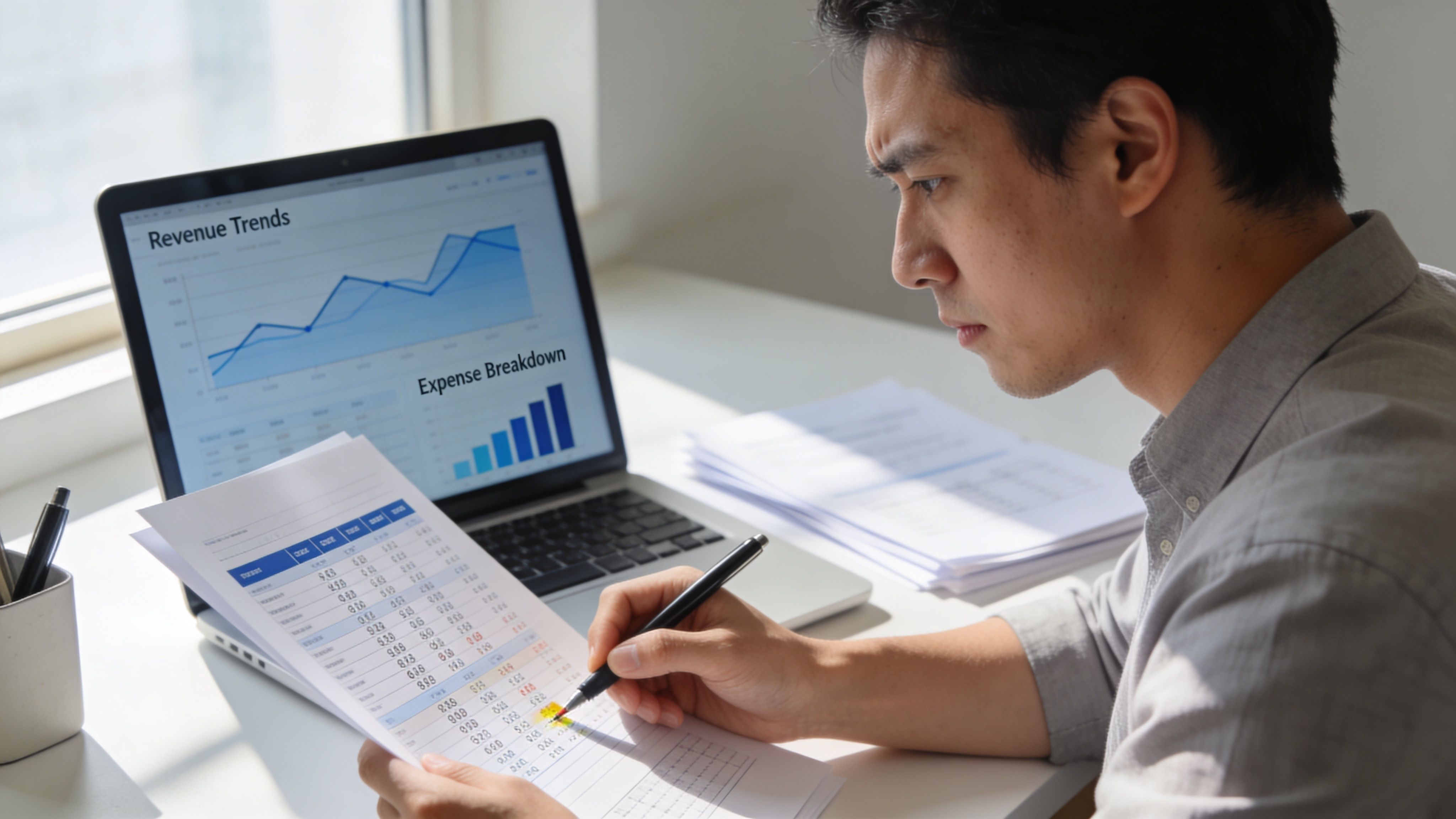 A focused man analyzing financial documents and data on his laptop screen while working at his desk.