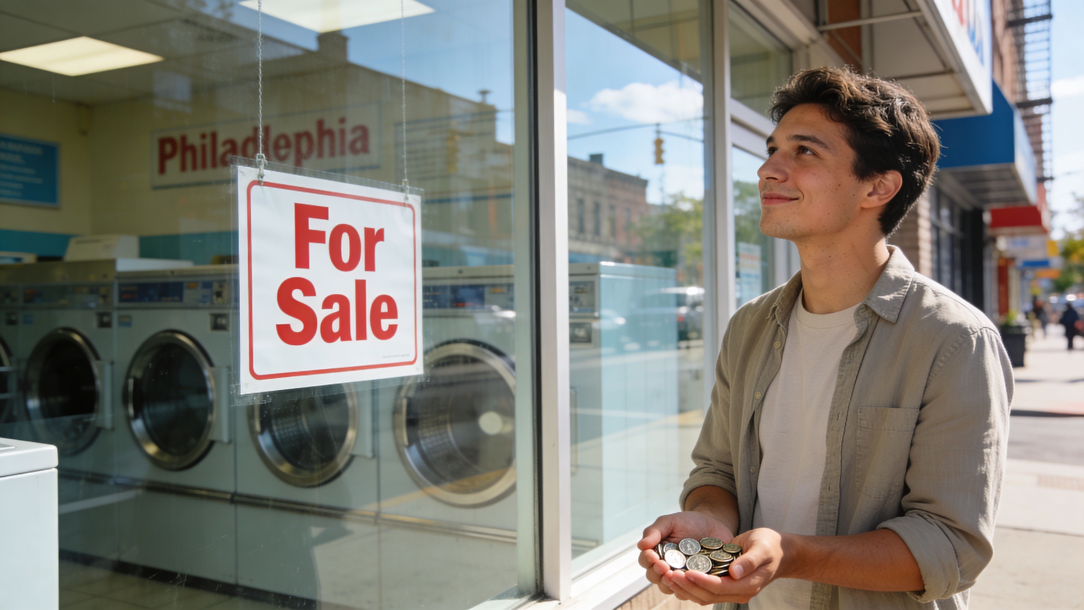 A young man holding a pile of coins standing in front of a laundromat for sale in Philadelphia.
