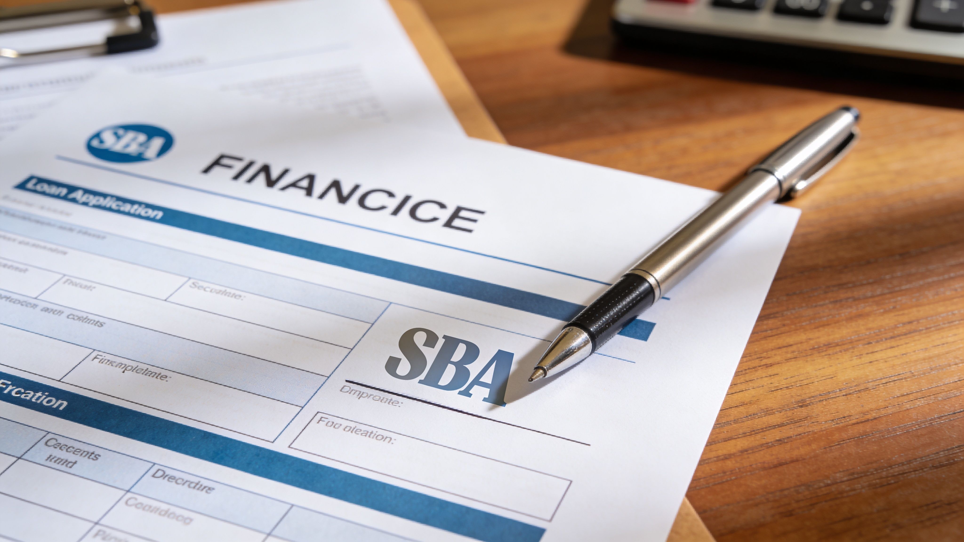 A silver pen resting on top of a formal loan application document for SBA business financing.