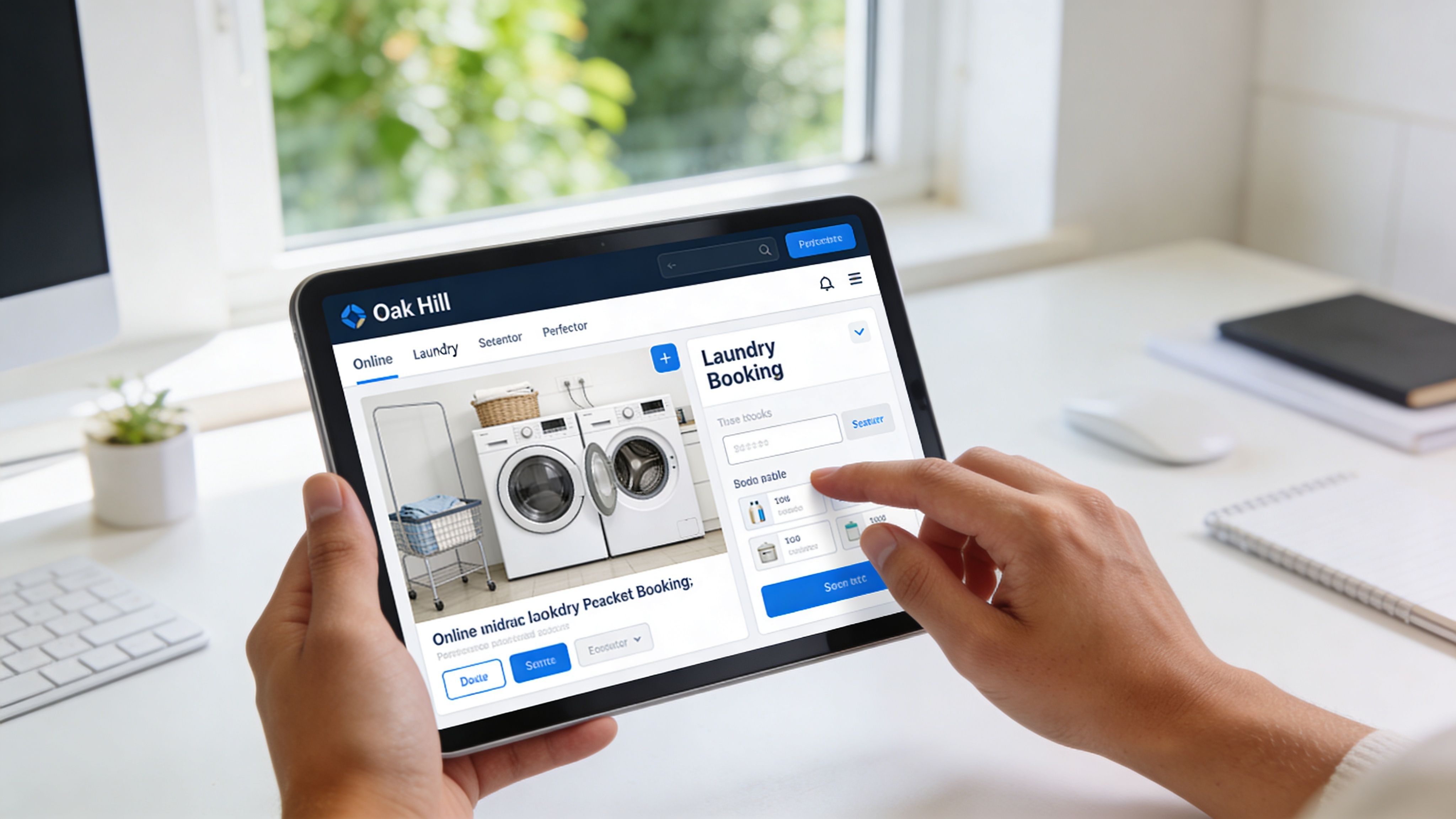 A person using a tablet to book a laundry service online through the Oak Hill website.