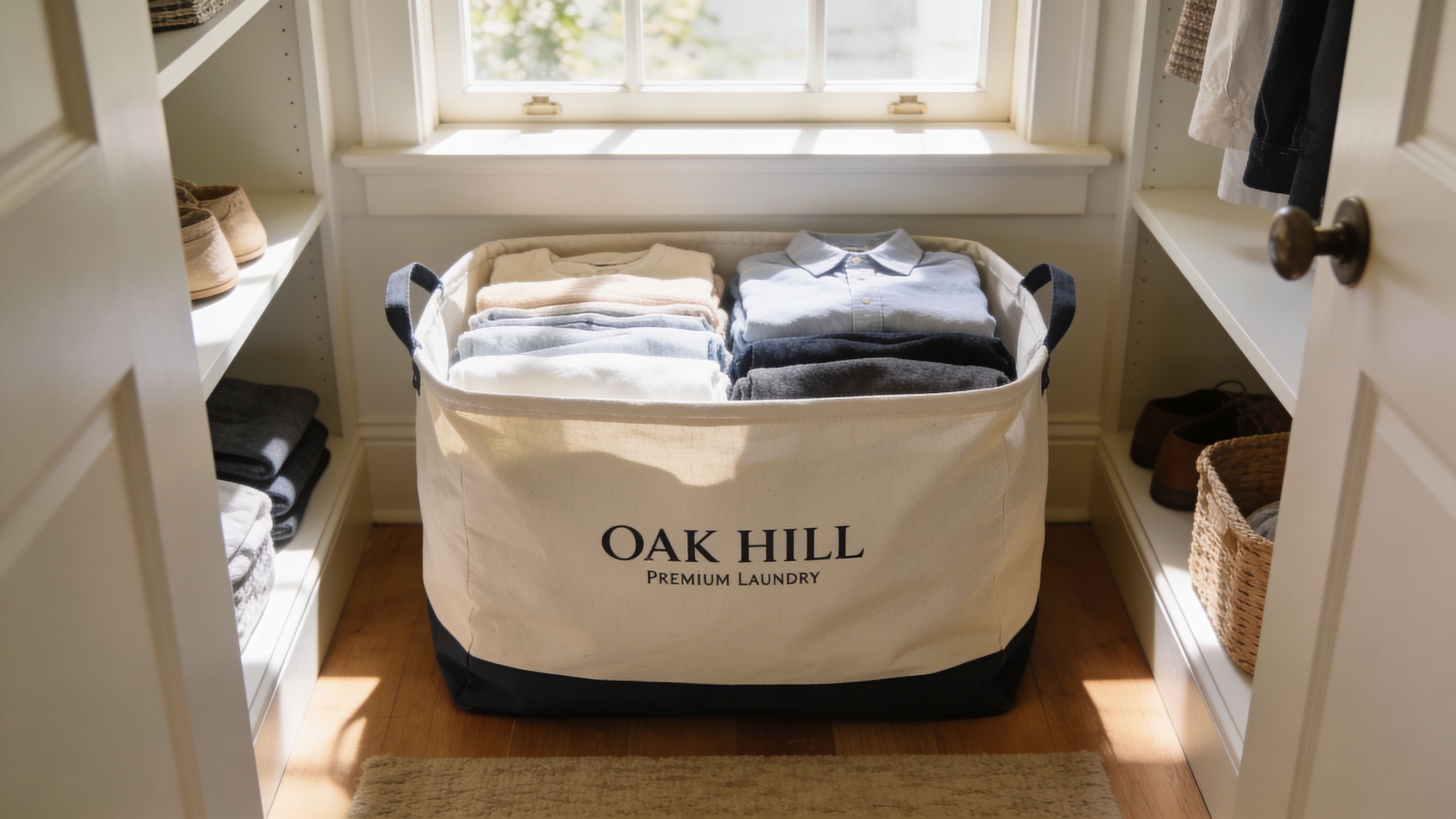 A canvas laundry basket from Oak Hill sits in a sunlit closet filled with neatly folded clothing.