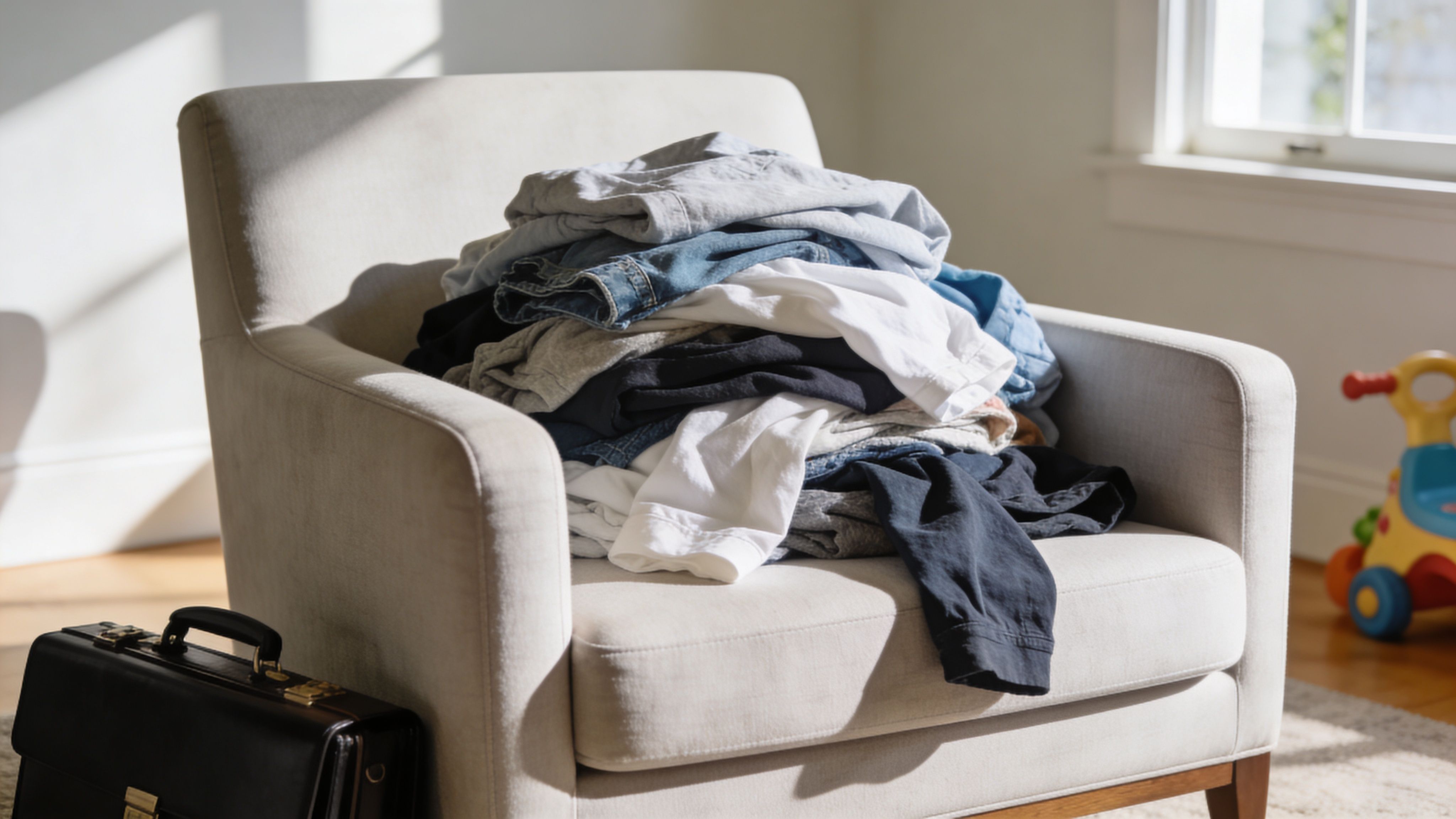 A pile of folded and messy laundry resting on a light-colored armchair next to a briefcase.