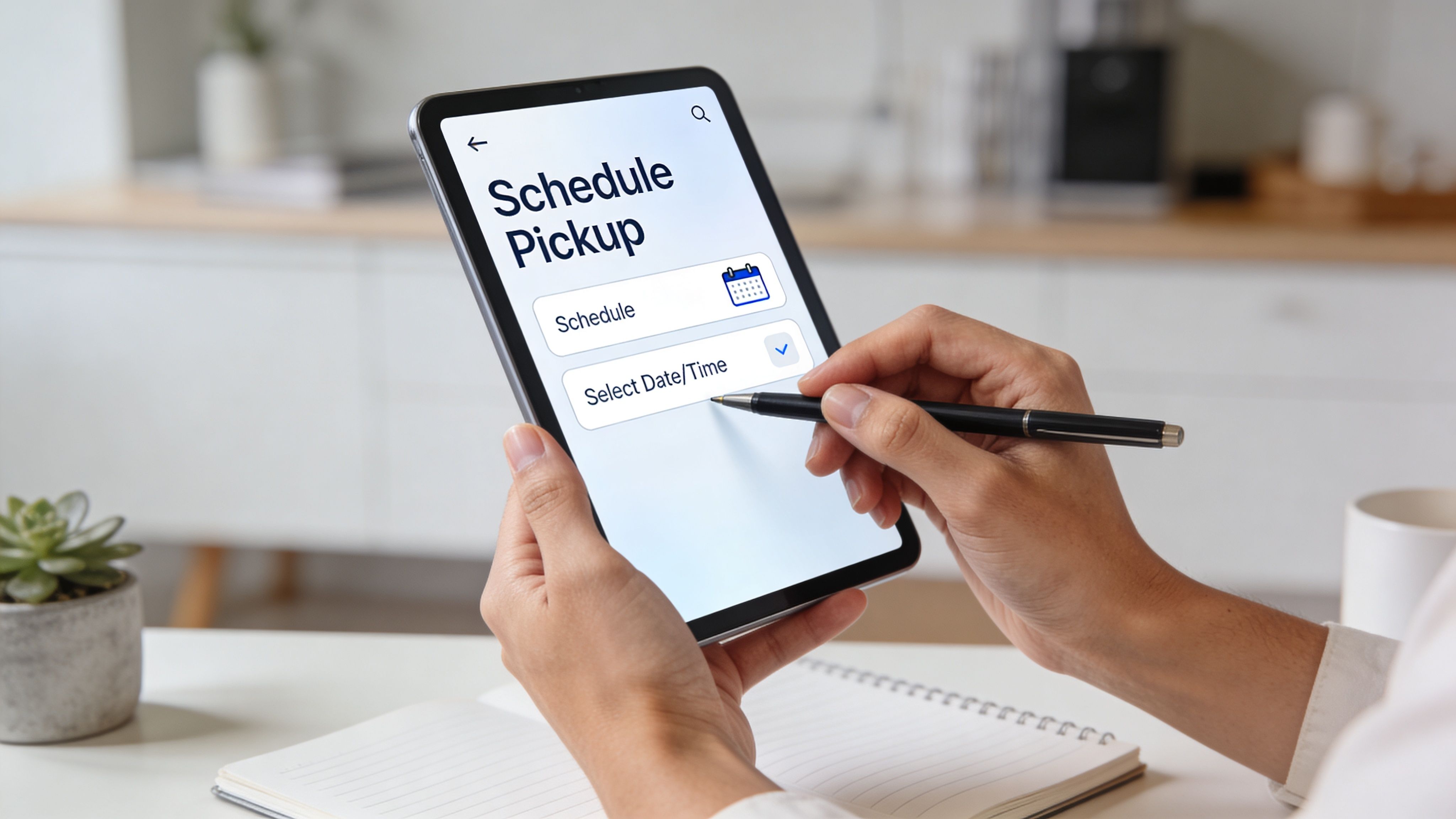 A person using a stylus on a digital tablet to schedule a dry cleaning pickup appointment online.