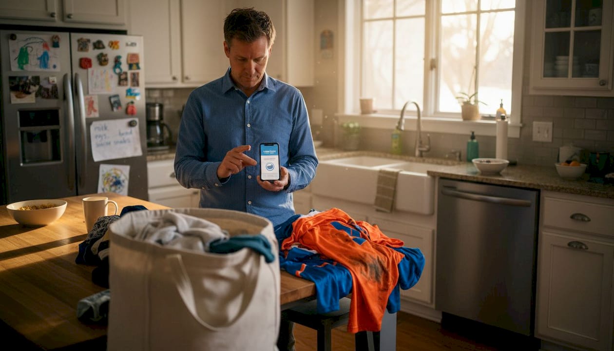 Man scheduling laundry pickup in kitchen