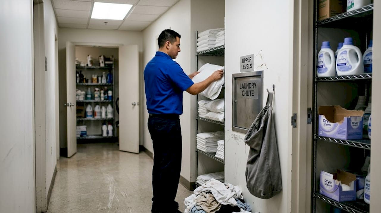 Hotel staff sorts linens after laundering