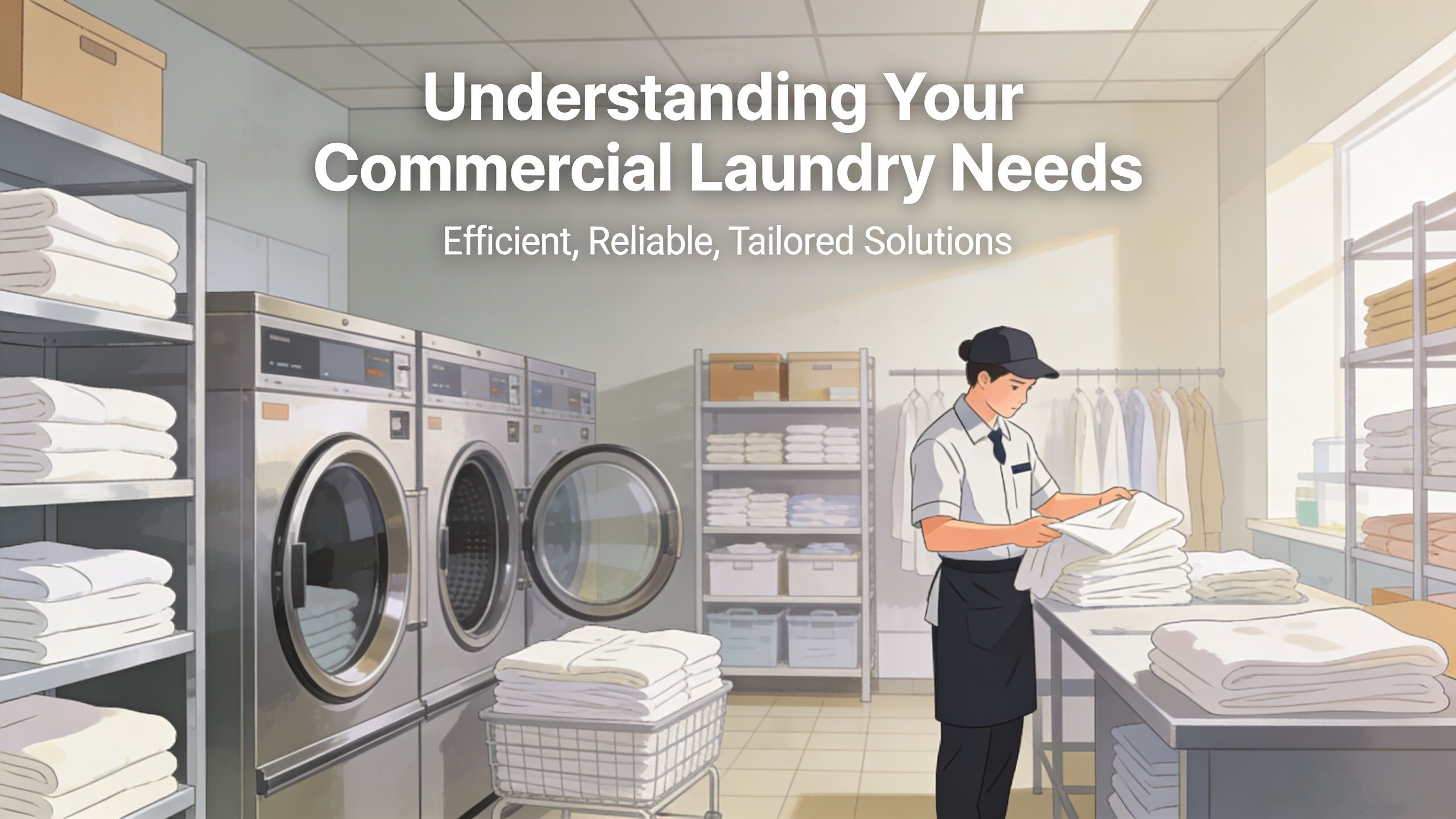 A professional laundry worker organizing folded towels in a commercial facility with industrial washing machines.