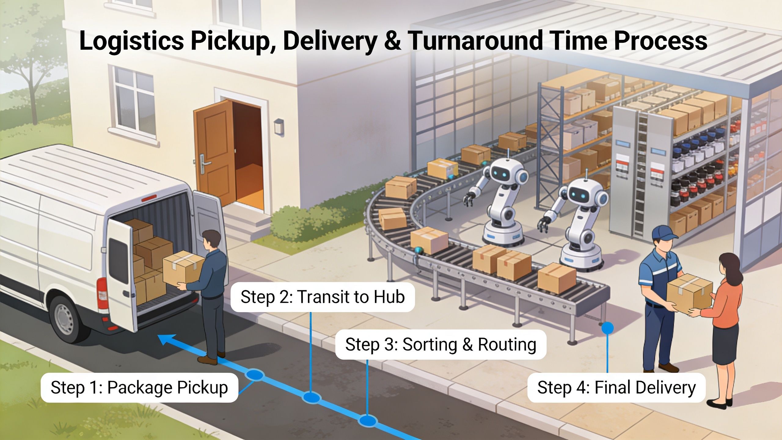An illustration showing a logistics process involving package pickup, transit, sorting by robots, and final delivery.