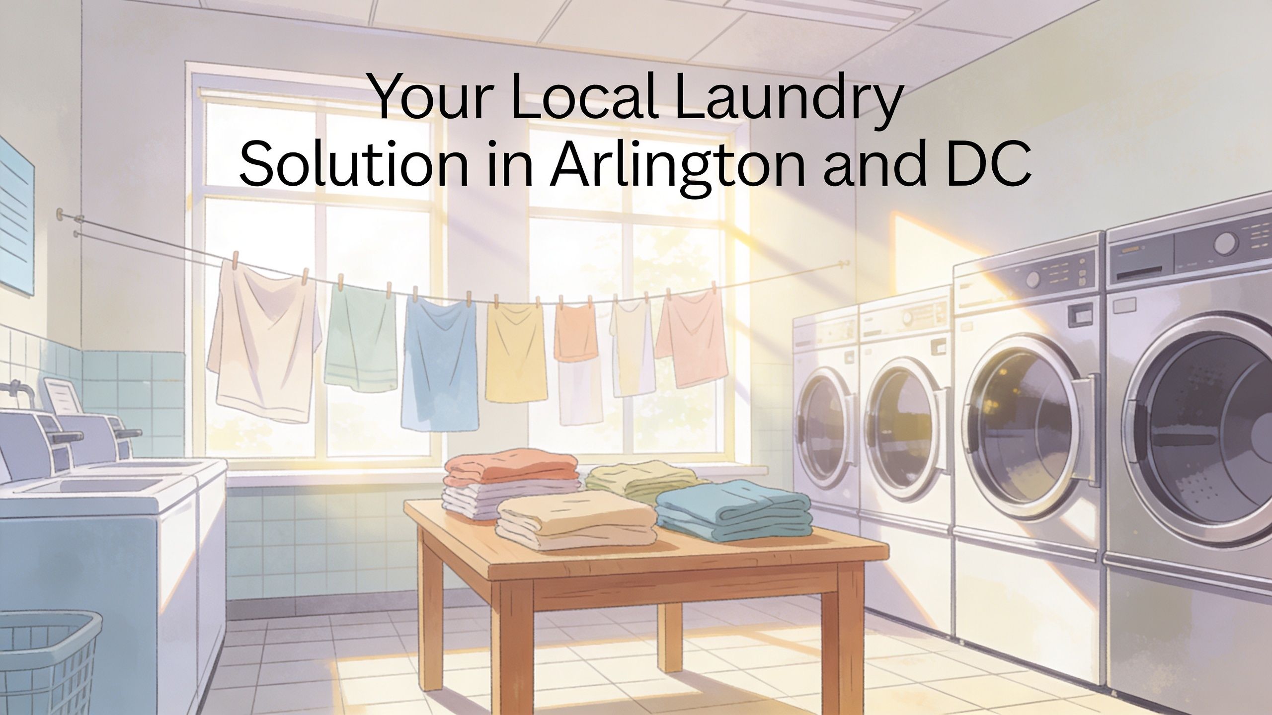 A clean, sunlit laundromat featuring a wooden folding table with folded clothes and rows of washing machines.