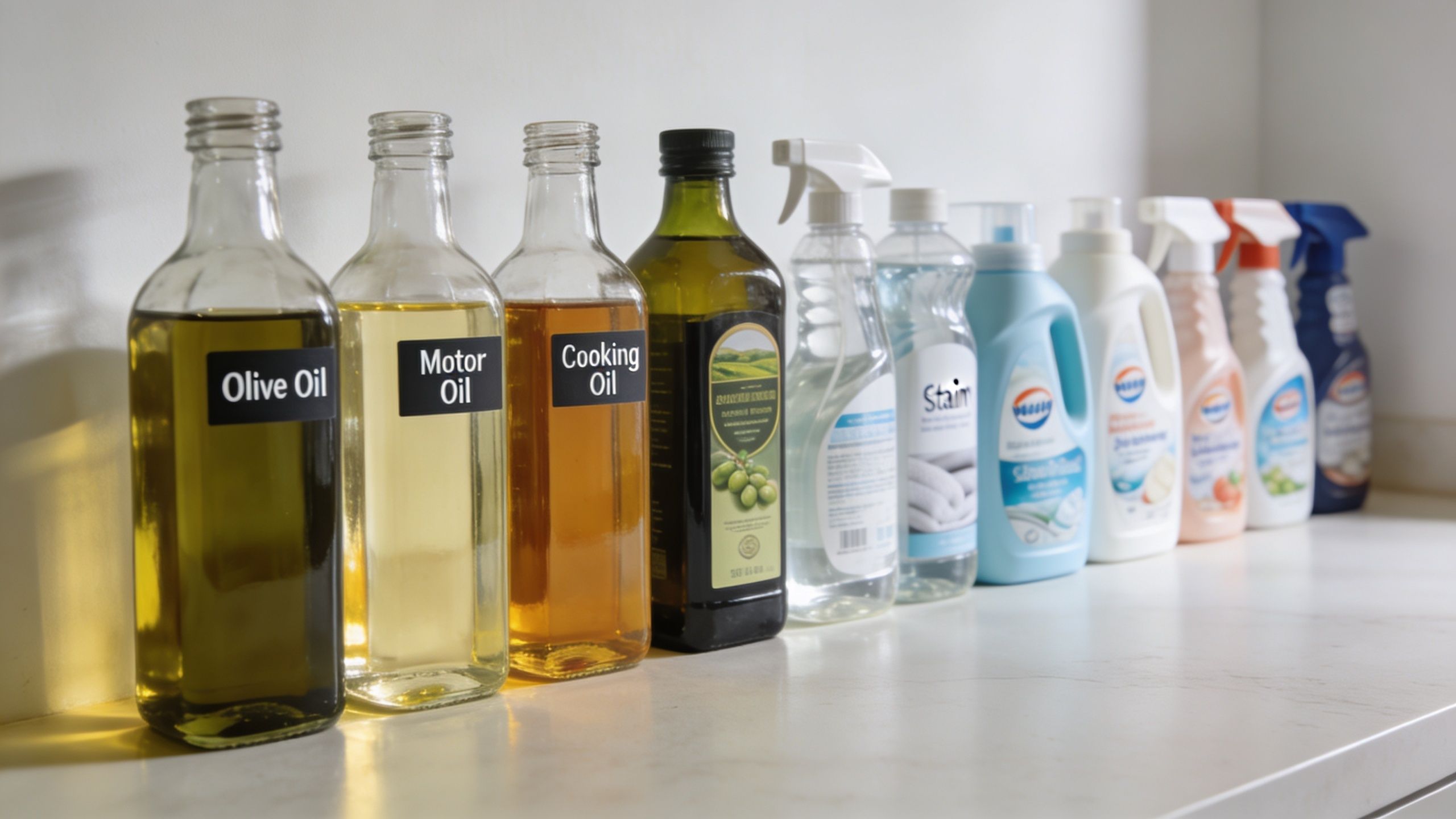 A row of various bottles containing oils and cleaning supplies arranged on a white kitchen counter surface.