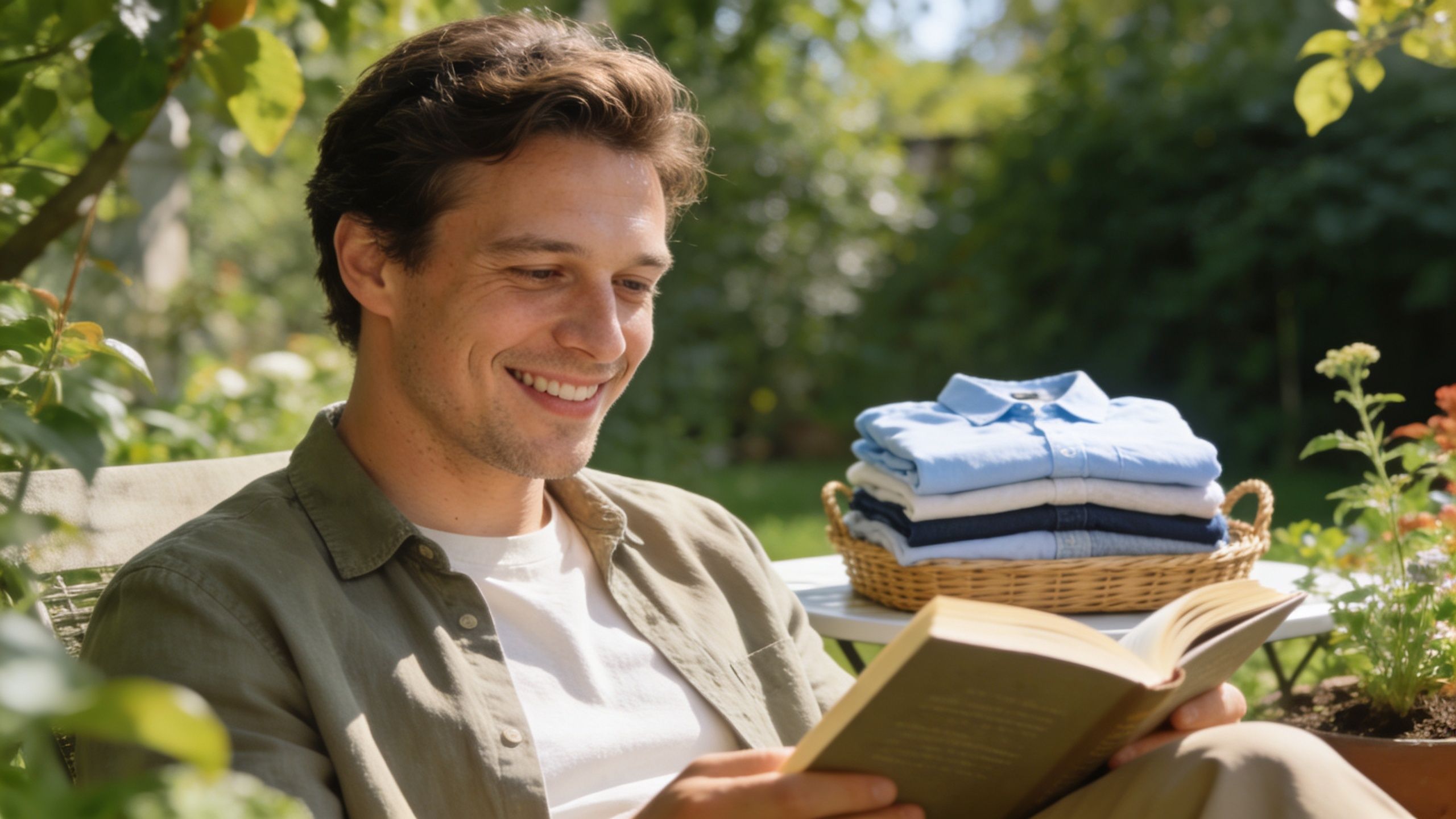 A smiling young man reads a book outdoors next to a basket of neatly folded clean laundry.