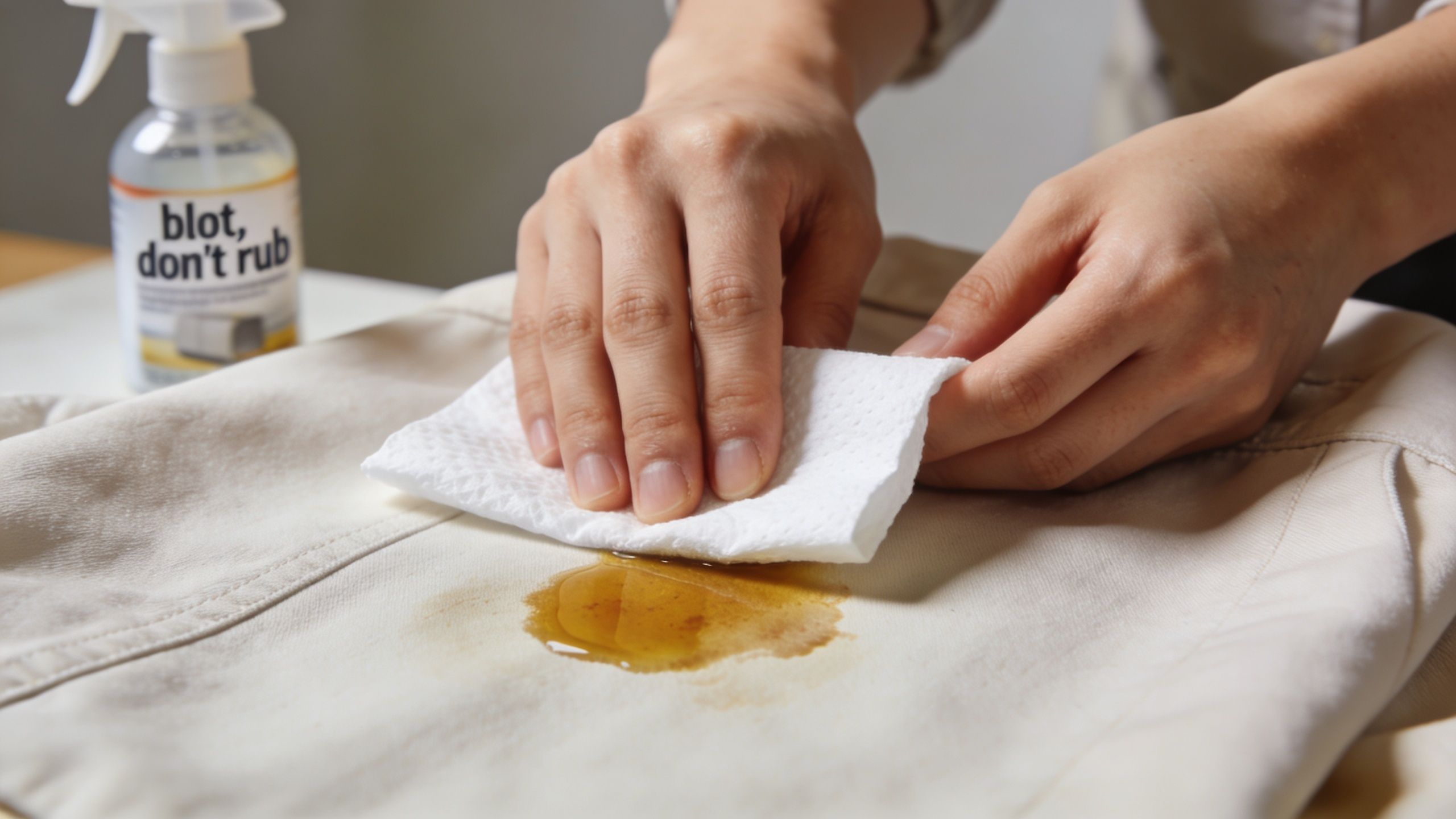 A person uses a paper towel to carefully blot an oil stain on light colored fabric.