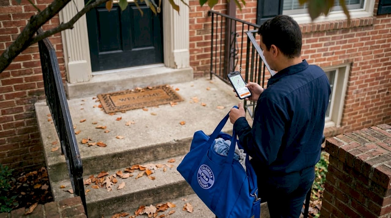 Laundry delivery driver approaching townhouse