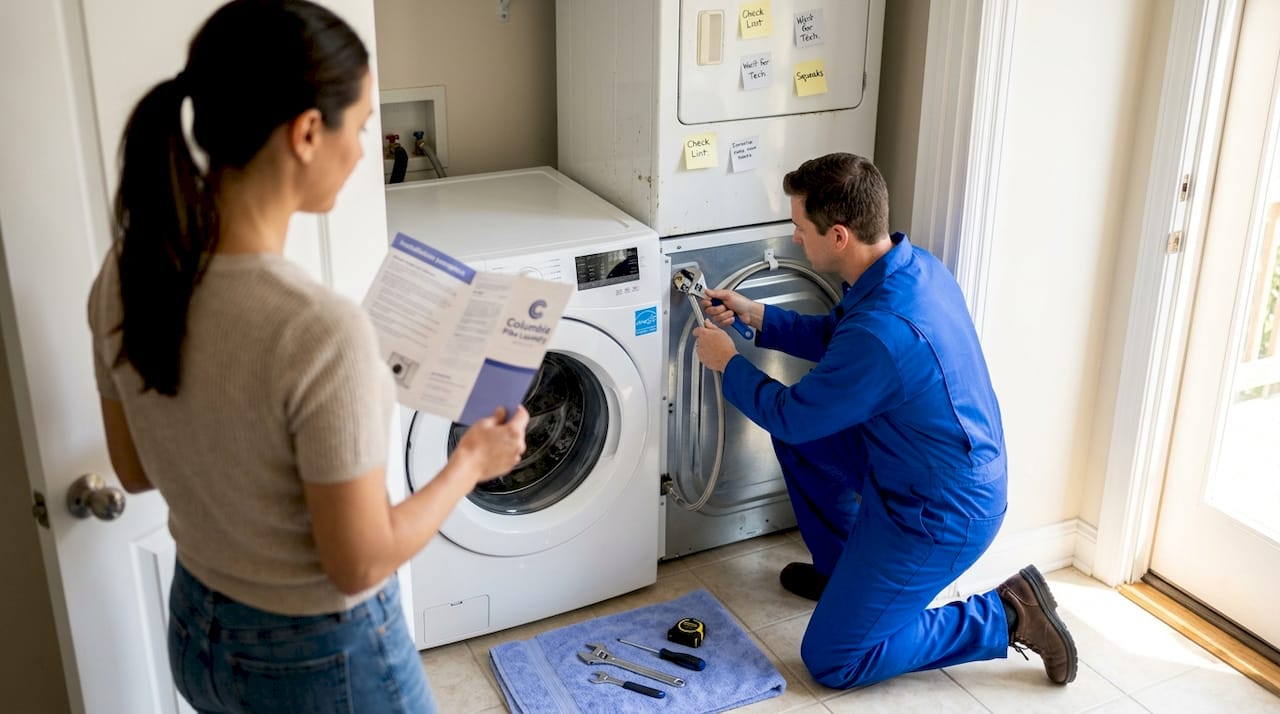 Technician installing new high-efficiency washer