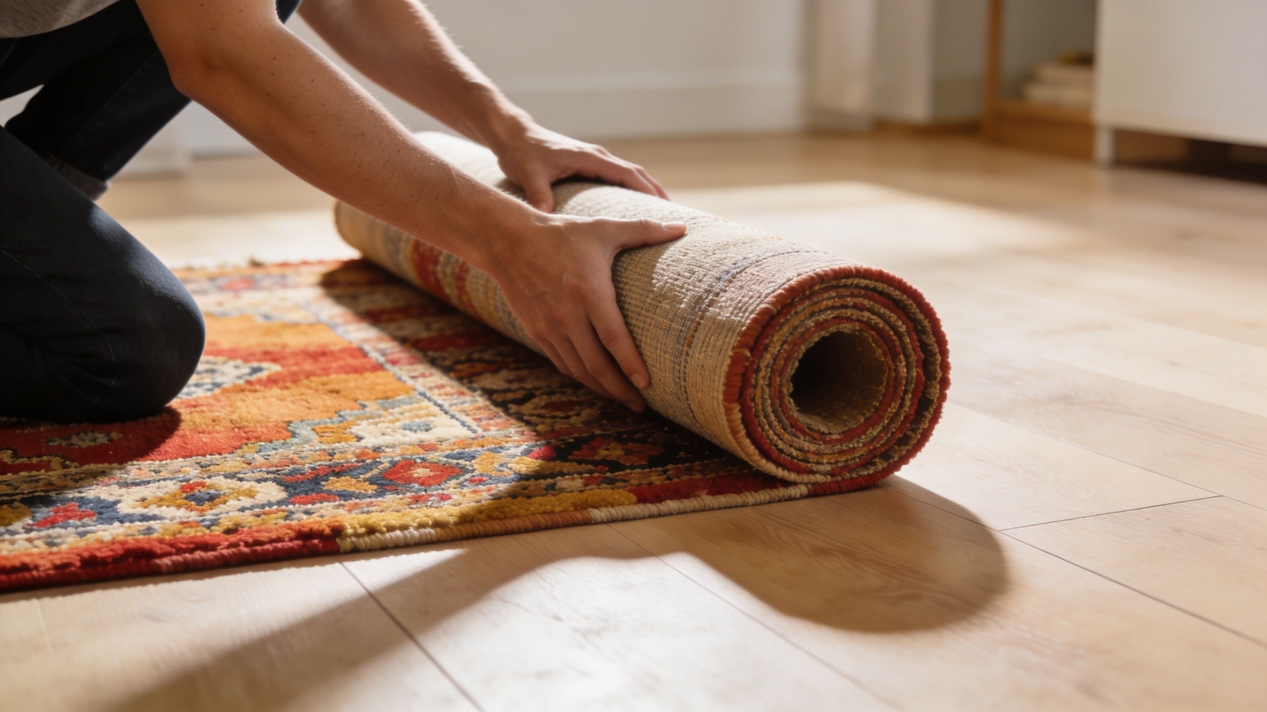 A person kneeling on a wooden floor, carefully rolling up a colorful traditional patterned area rug.