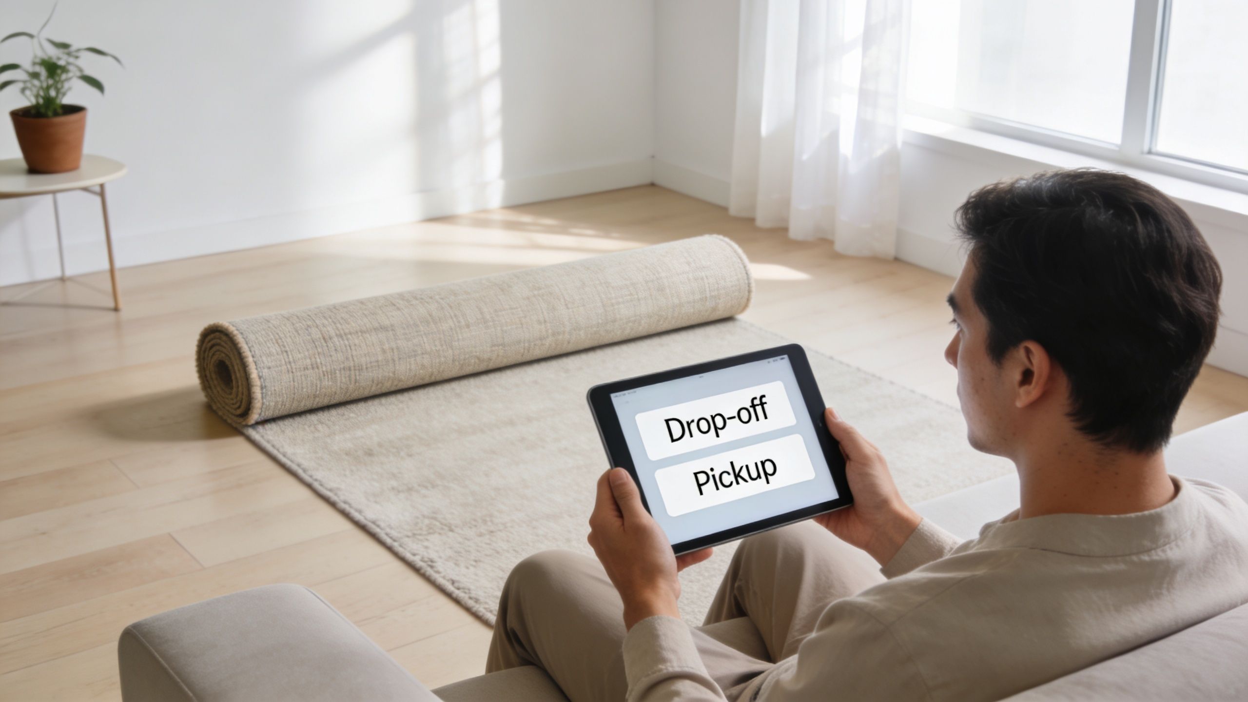 A man sitting on a couch uses a tablet to select rug cleaning service options.