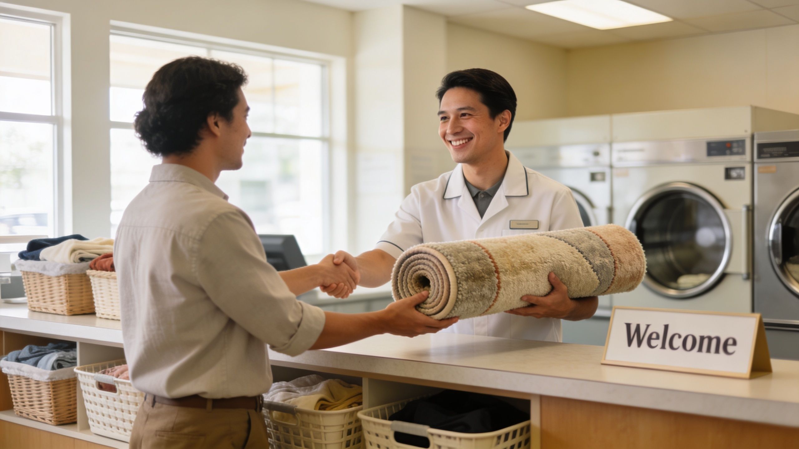 A friendly staff member accepts a rolled-up rug from a customer at a professional laundry service counter.