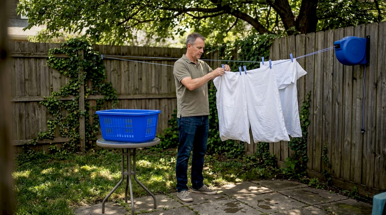 Man hanging linen pillowcases outdoors