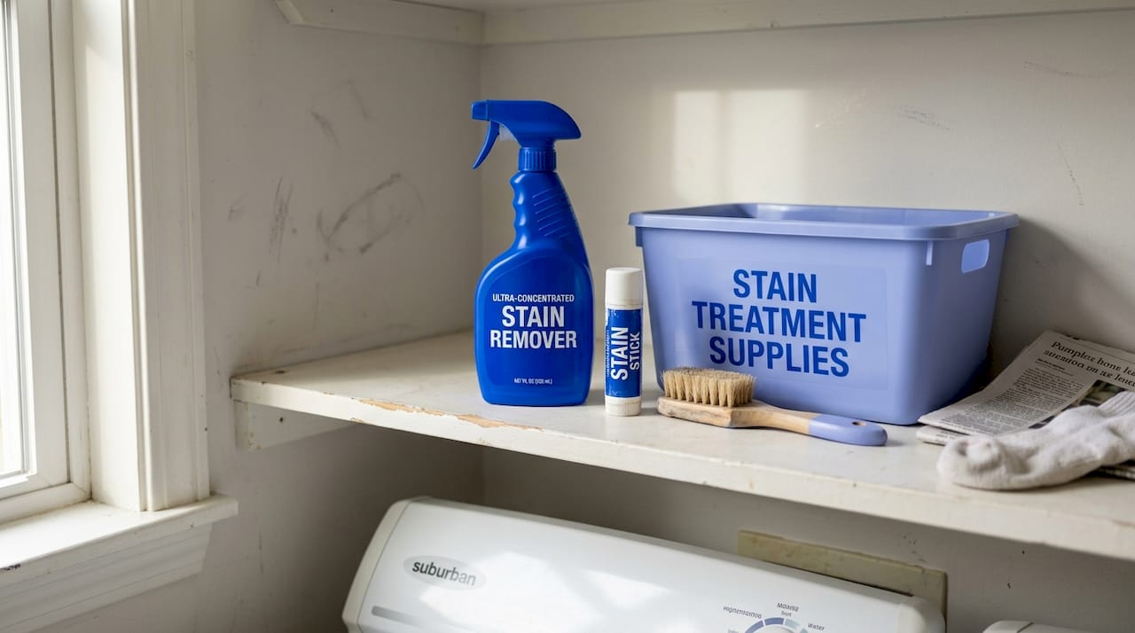 Shelf with stain removal kit above washer