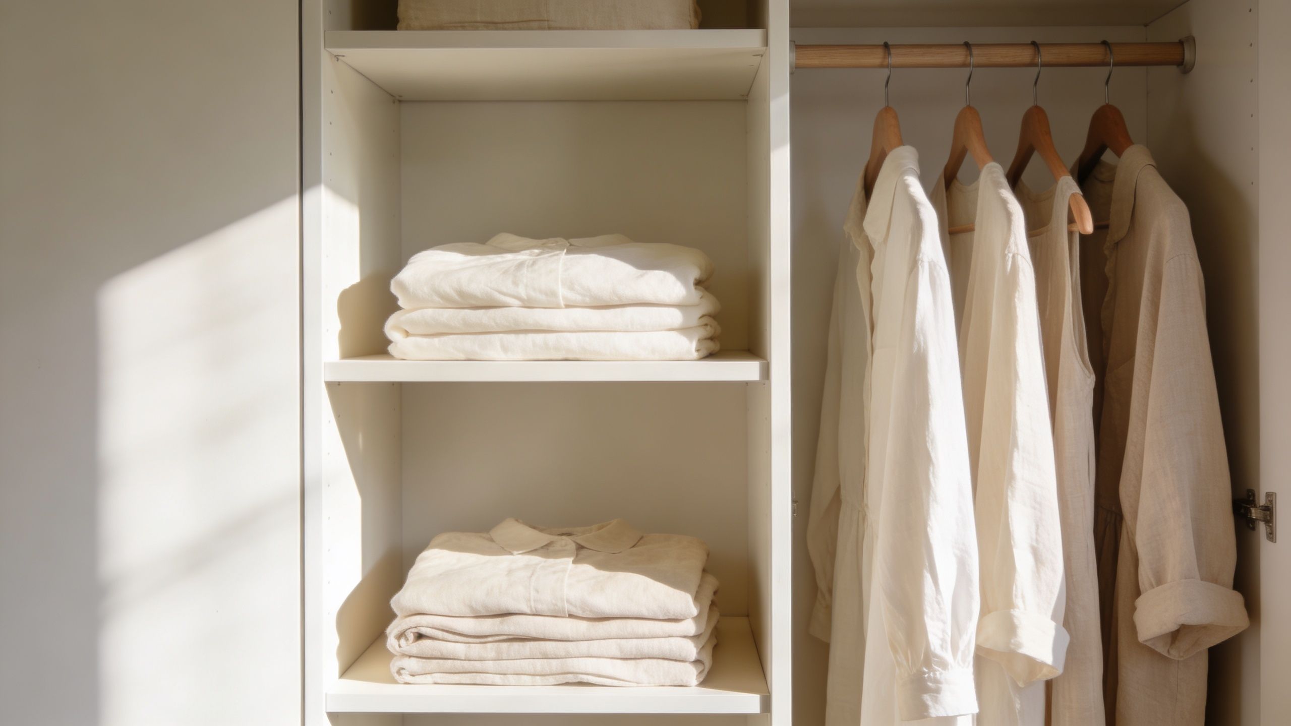 A organized white wardrobe featuring neatly folded linen clothes on shelves and hanging garments on wooden hangers.