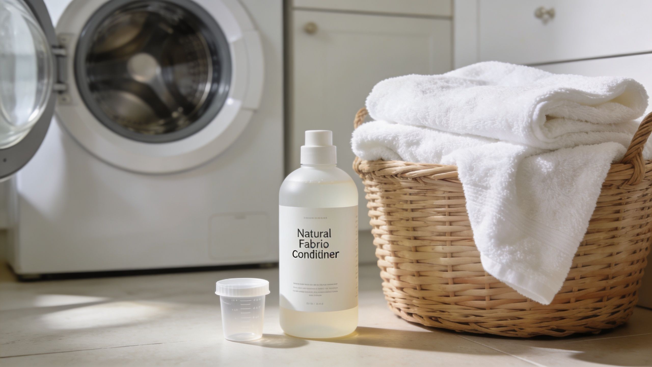 A clear bottle of natural fabric conditioner with a measuring cup next to a basket of towels.