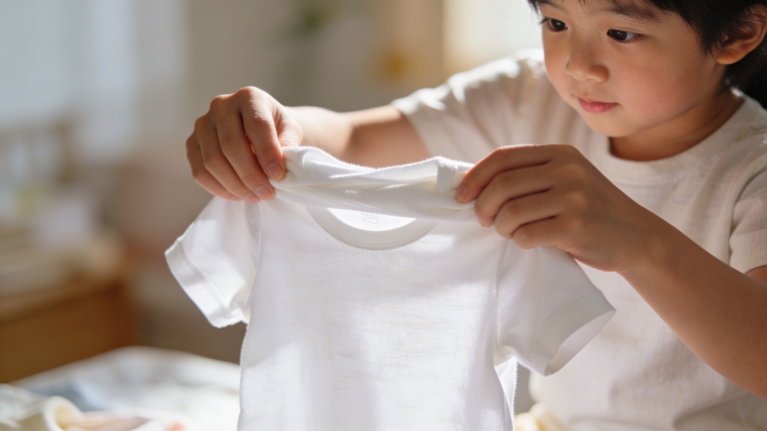 A young child carefully holds up a clean white cotton shirt while getting dressed at home.