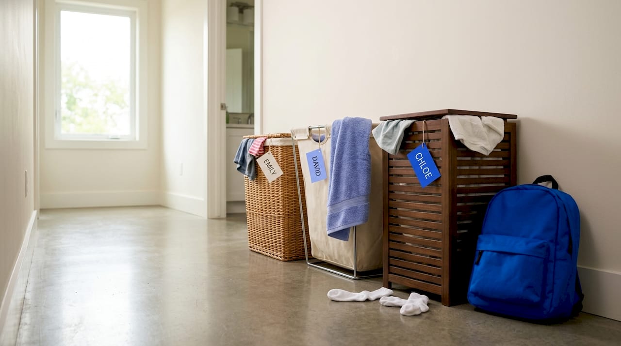 Labeled hampers for sorting laundry in hallway