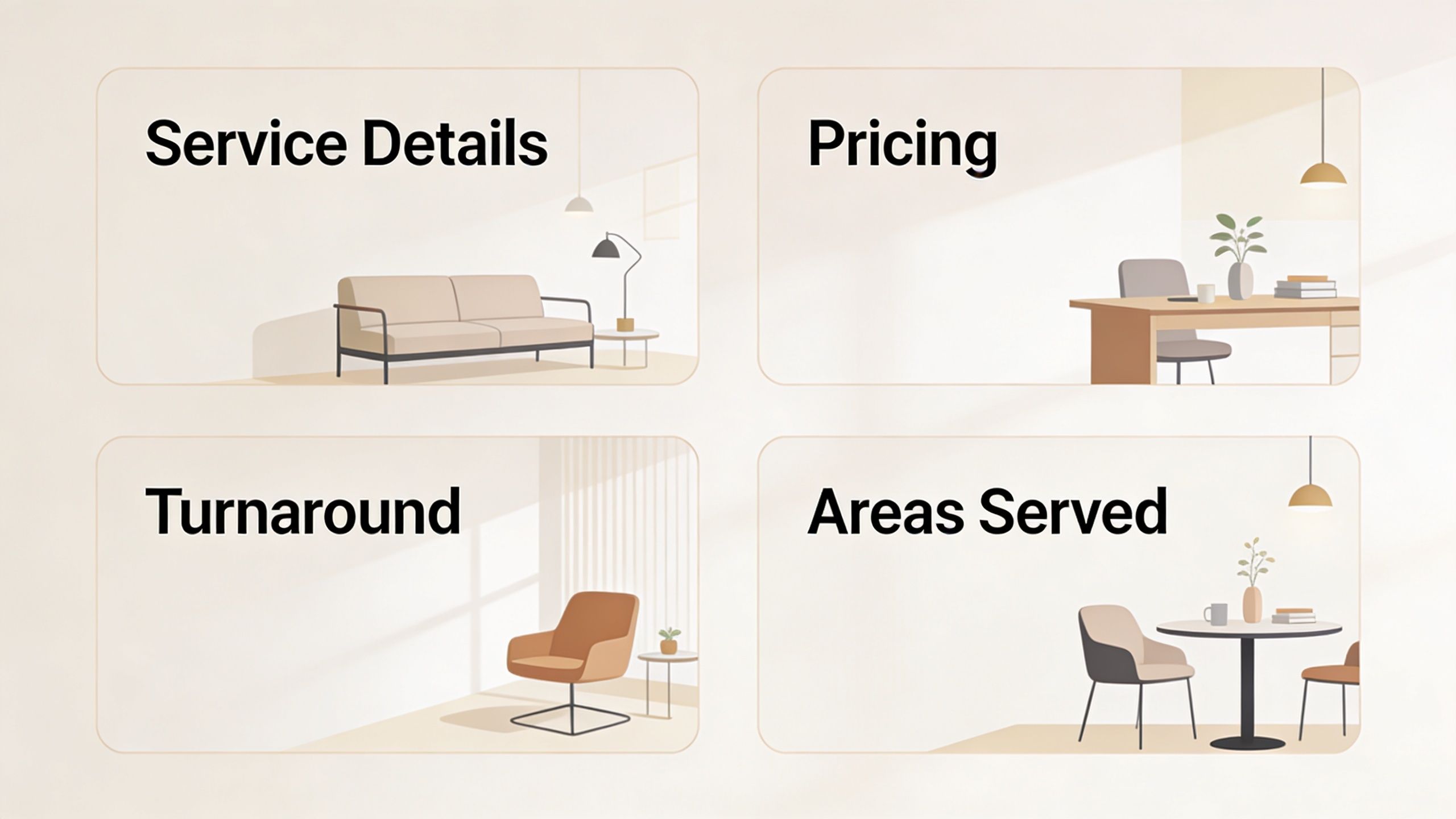 A design layout featuring four menu options: Service Details, Pricing, Turnaround, and Areas Served for laundry services.